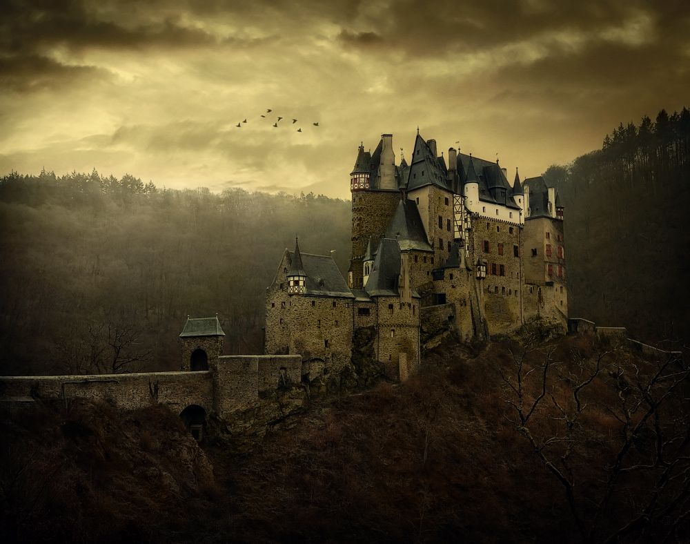 Burg, Hügel, Wald, Dramatischer Himmel, Sepia, Vögel, Hintergrundbild