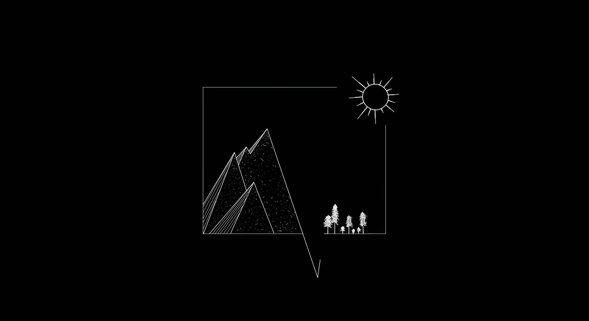 Berge, Strichzeichnung, Sonne, Schwarzer Hintergrund, Minimalistisch, Full HD Wallpaper