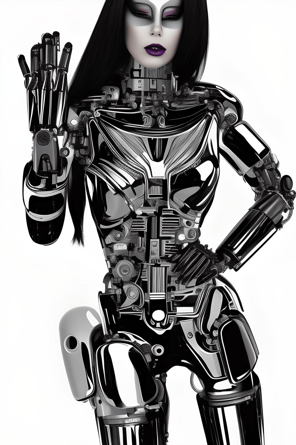 Cyborg-Frau, Chromrüstung, Schwarzes Haar, Weißer Hintergrund, Sperrbildschirm fürs iPhone