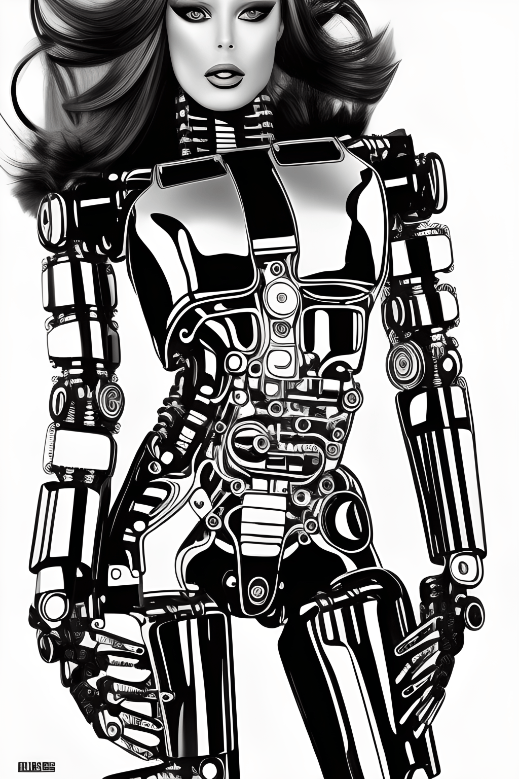 Cyborg-Frau, Chromrüstung, Retro-Comic-Stil, Schwarz-Weiß, Android-Hintergrundbild