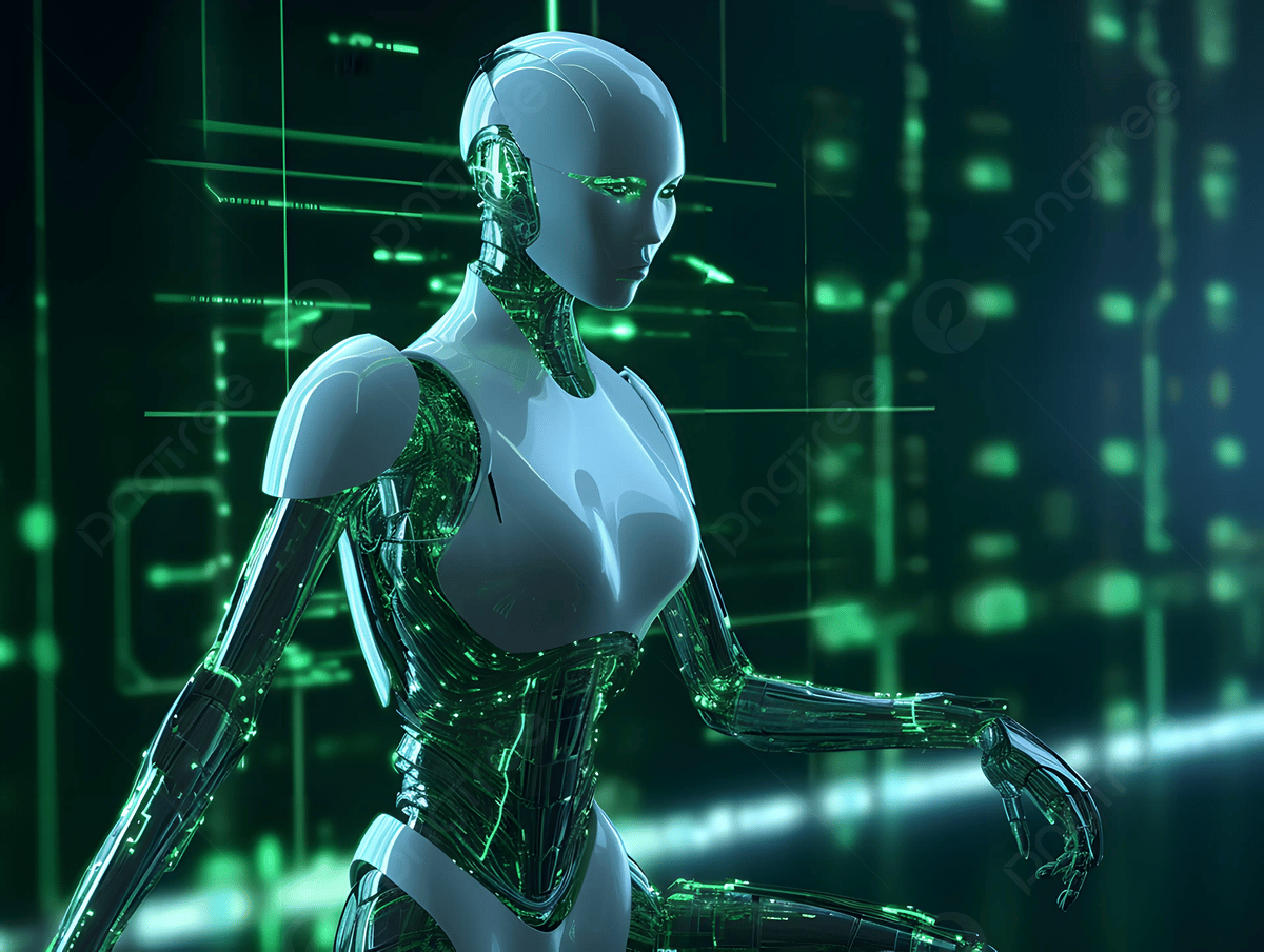 Androide, Weiblicher Roboter, Grüne Leuchtlinien, Matrix-Stil, Sci-Fi, Hintergrundbild fürs Tablet