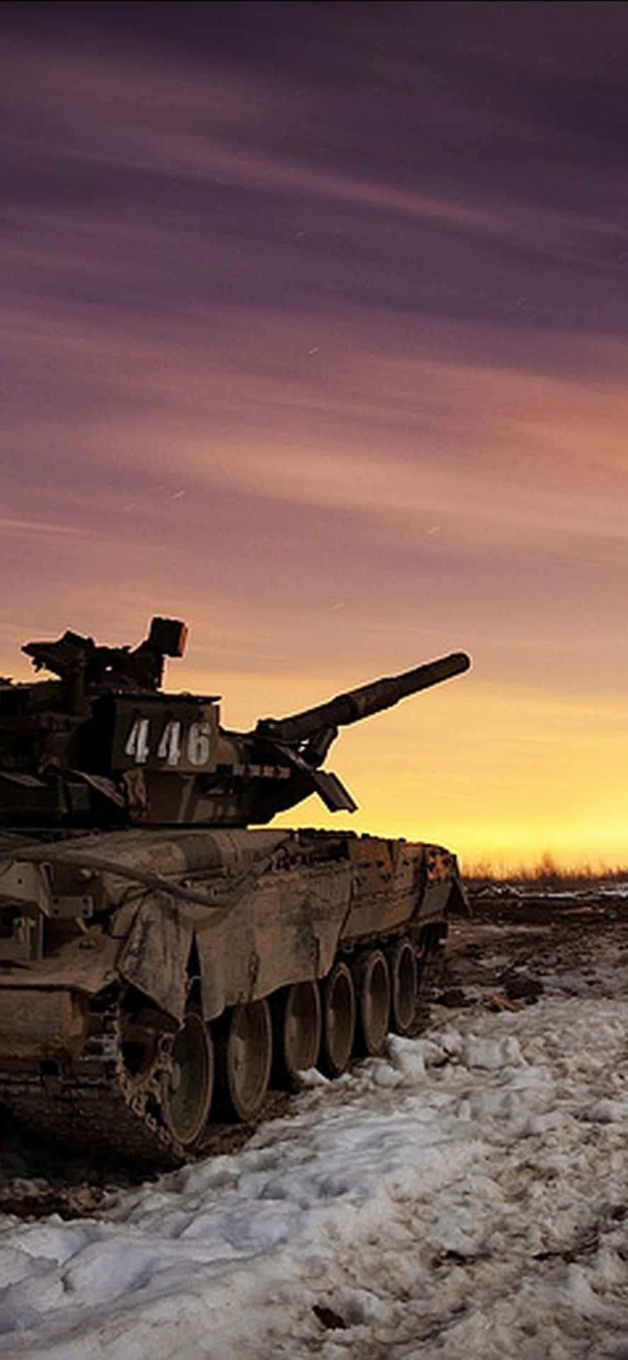 Panzer, Silhouette, Abenddämmerung, Schnee, Hintergrundbild für iPhone und Android