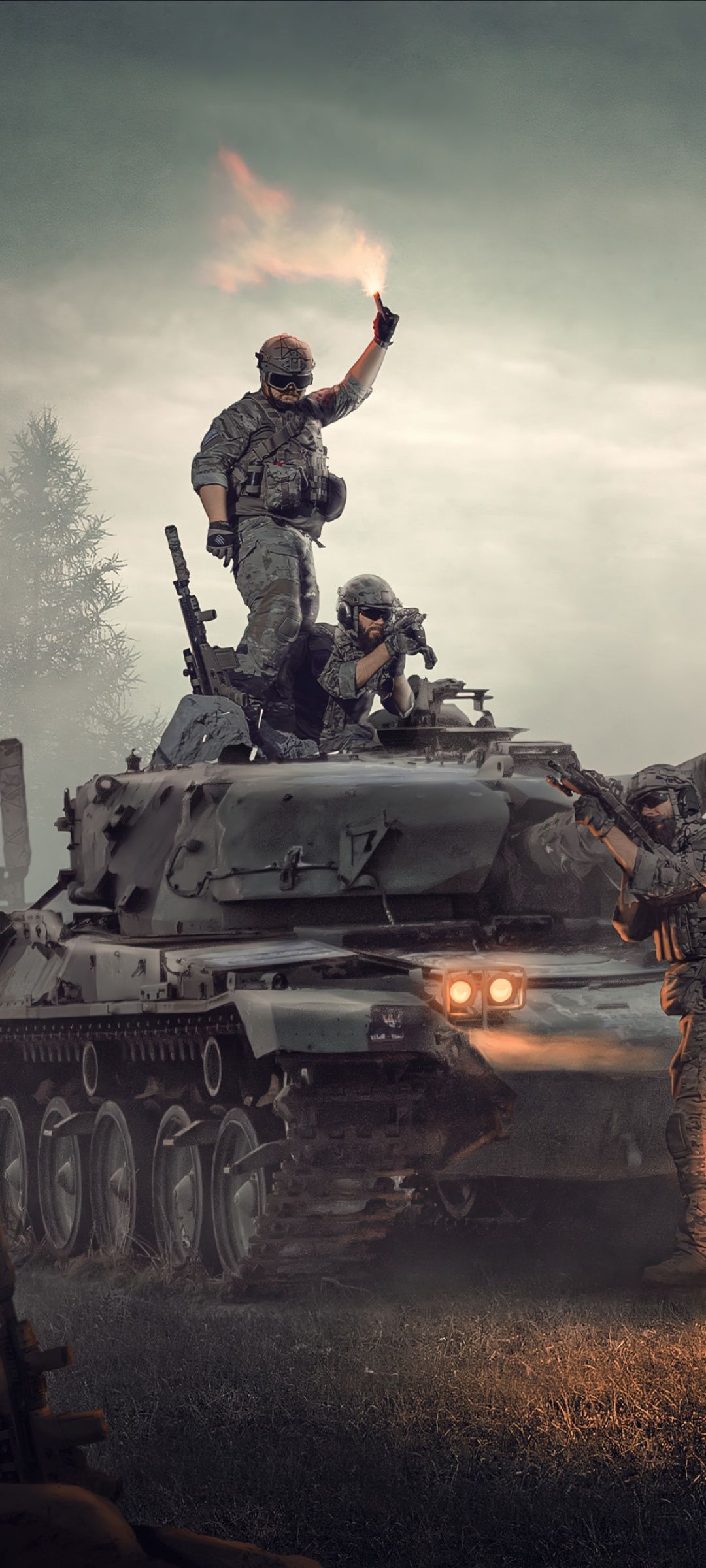 Panzer, Soldat, Siegesgeste, Rauch, Dunkel, Full HD, Hintergrundbild fürs Handy