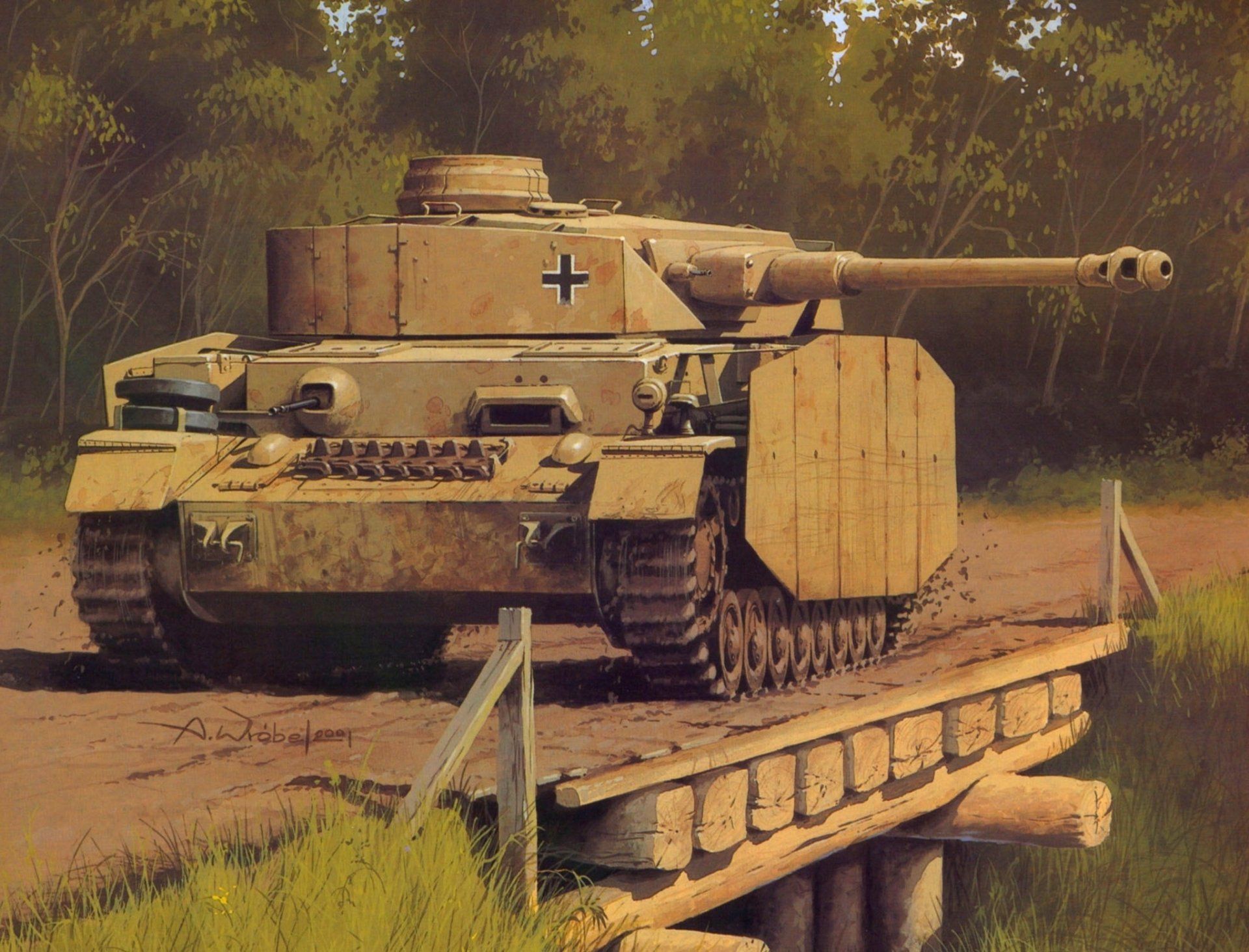 Panzer IV, Schürzen, Zweiter Weltkrieg, Gemälde, Brücke, Full HD, Laptop-Hintergrundbild