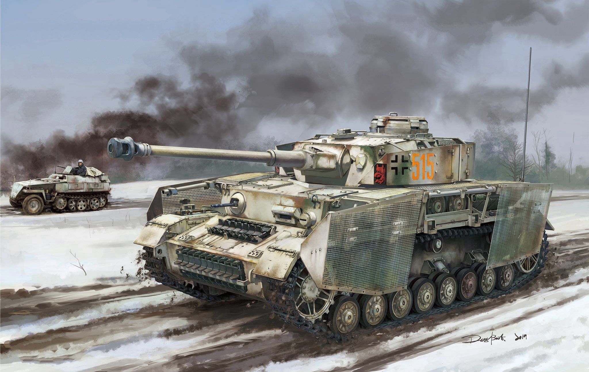 Panzer IV, Schützenpanzerwagen, Winter, Rauch, Zweiter Weltkrieg, Full HD, MacBook-Hintergrundbild
