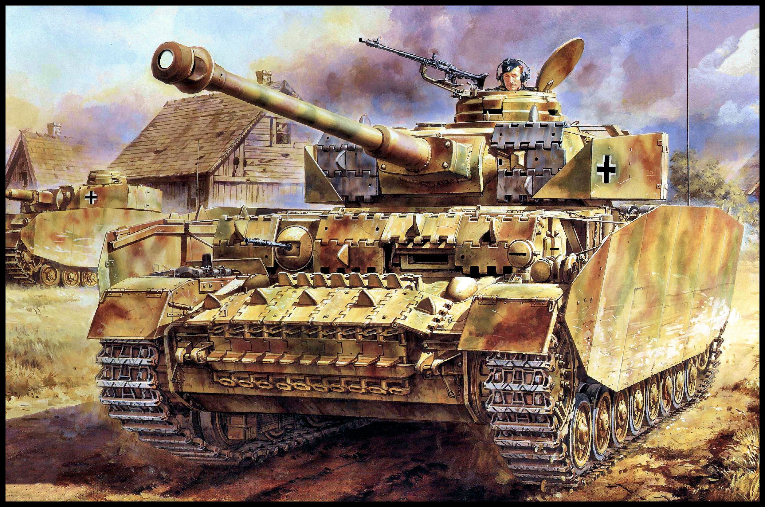 Panzer IV, Schürzen, Zweiter Weltkrieg, Gemälde, Dorf, Full HD, Desktop-Hintergrund für Windows