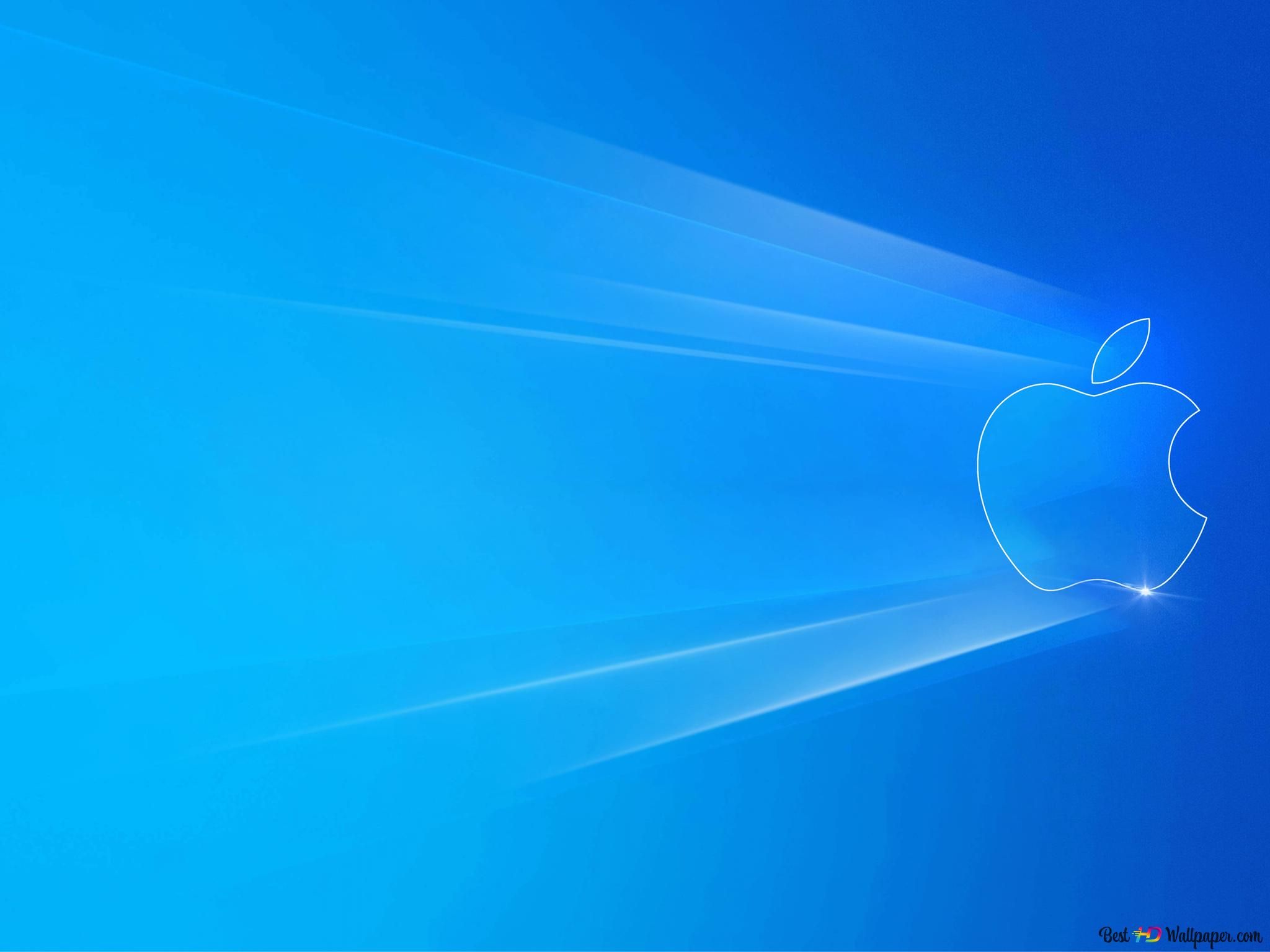 Apple-Logo, Parodie, Lichtstrahlen, Hellblau, Windows 10, Hintergrundbild fürs iPad