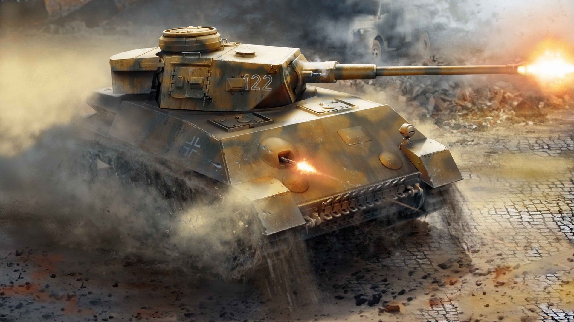 Panzer, Mündungsfeuer, Staub, Gefecht, Digitale Kunst, 16:9, Full-HD-Hintergrundbild für den Desktop