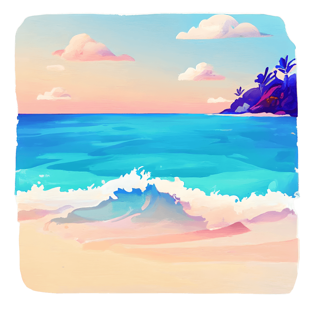 Strand, Meer, Wellen, Tropische Insel, Rosa Wolken, Aquarellillustration, Türkis, Tablet-Hintergrund