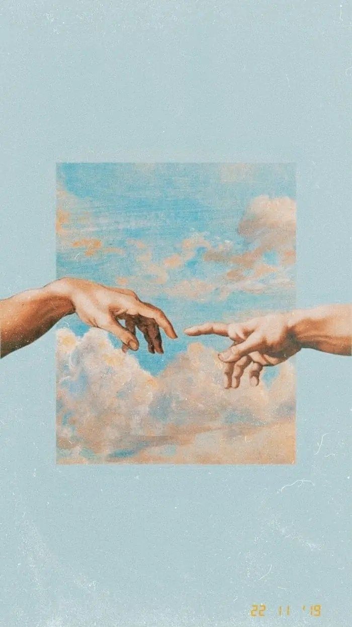 Die Erschaffung Adams, Hände, Wolken, Hellblau, Aesthetic, Hintergrundbild fürs Handy