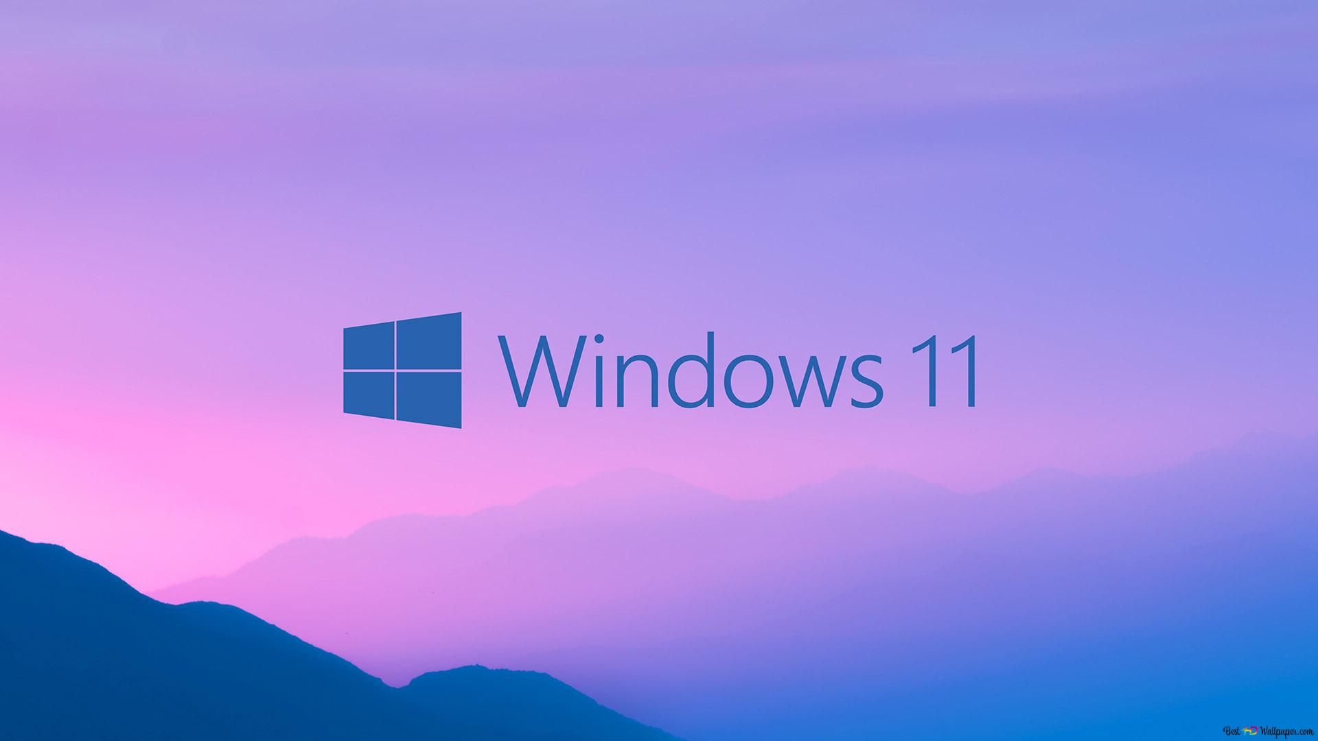 Windows 11, Windows-Logo, Schriftzug, Rosa Himmel, Berge, Pastell, Full HD, PC-Hintergrundbild