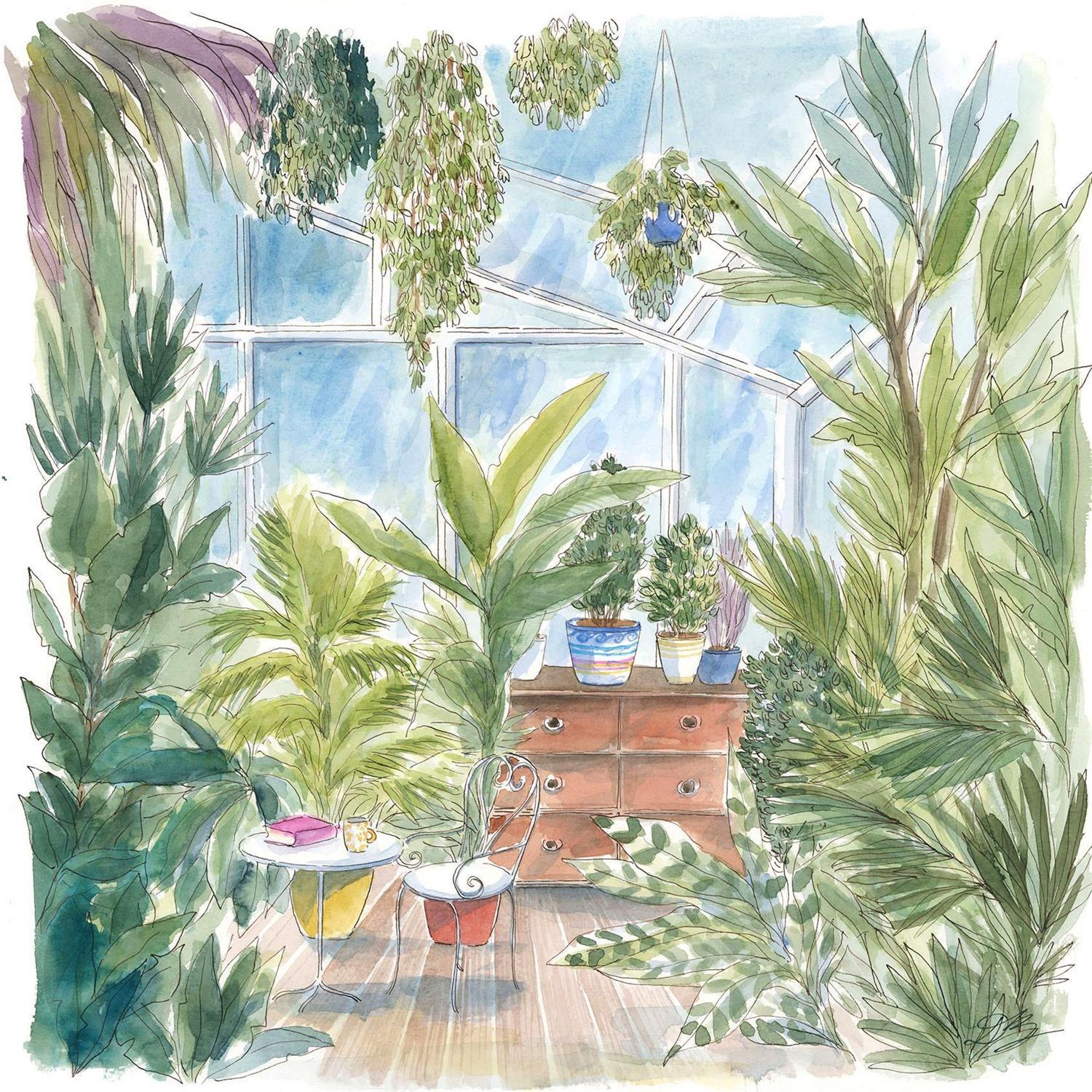 Gewächshaus, Zimmerpflanzen, Urban Jungle, Aquarellillustration, Grün, Pflanzen, iPad-Hintergrundbild