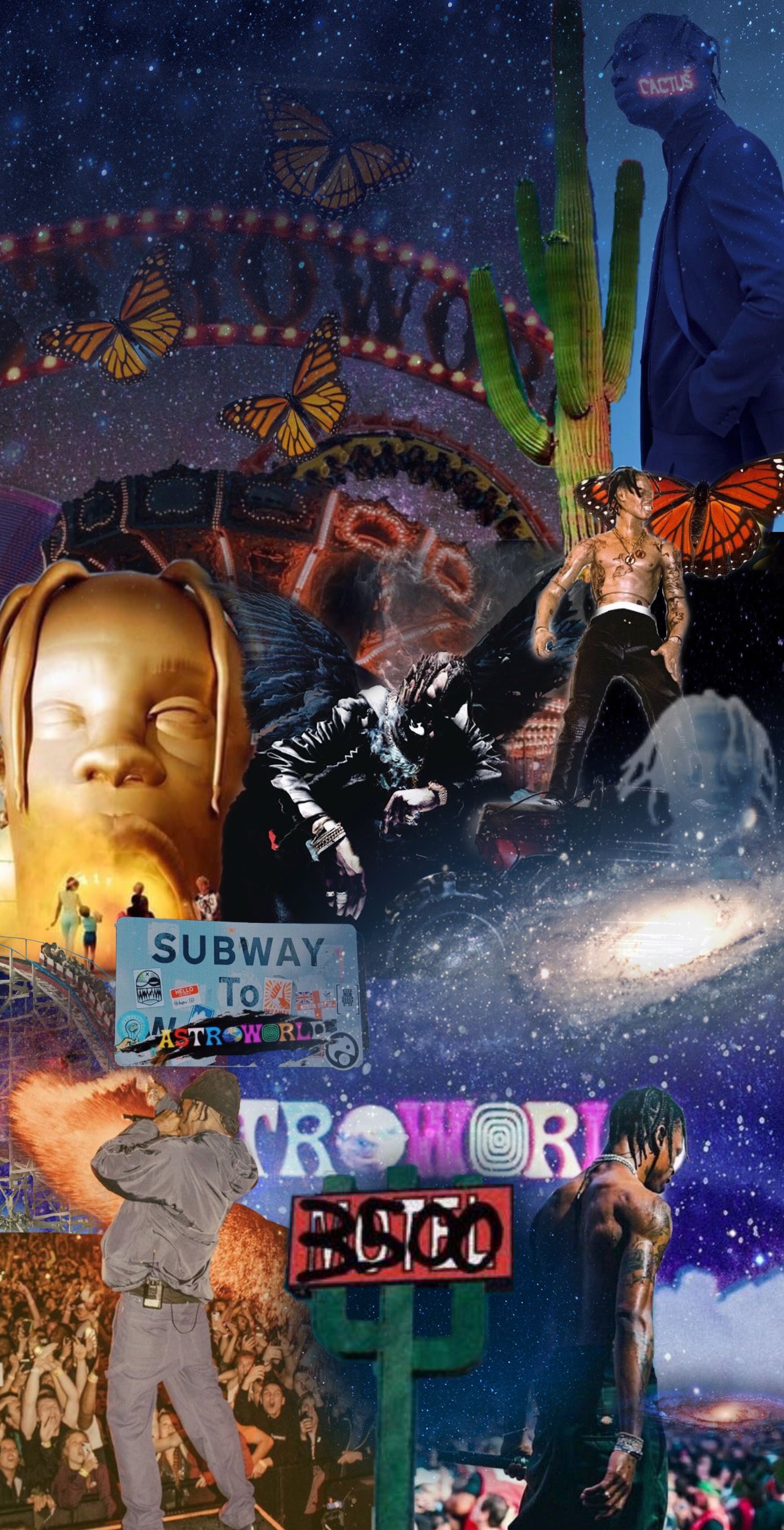 Travis Scott, Astroworld, Collage, Galaxie, Kaktus, QHD+, Hintergrundbild fürs Handy