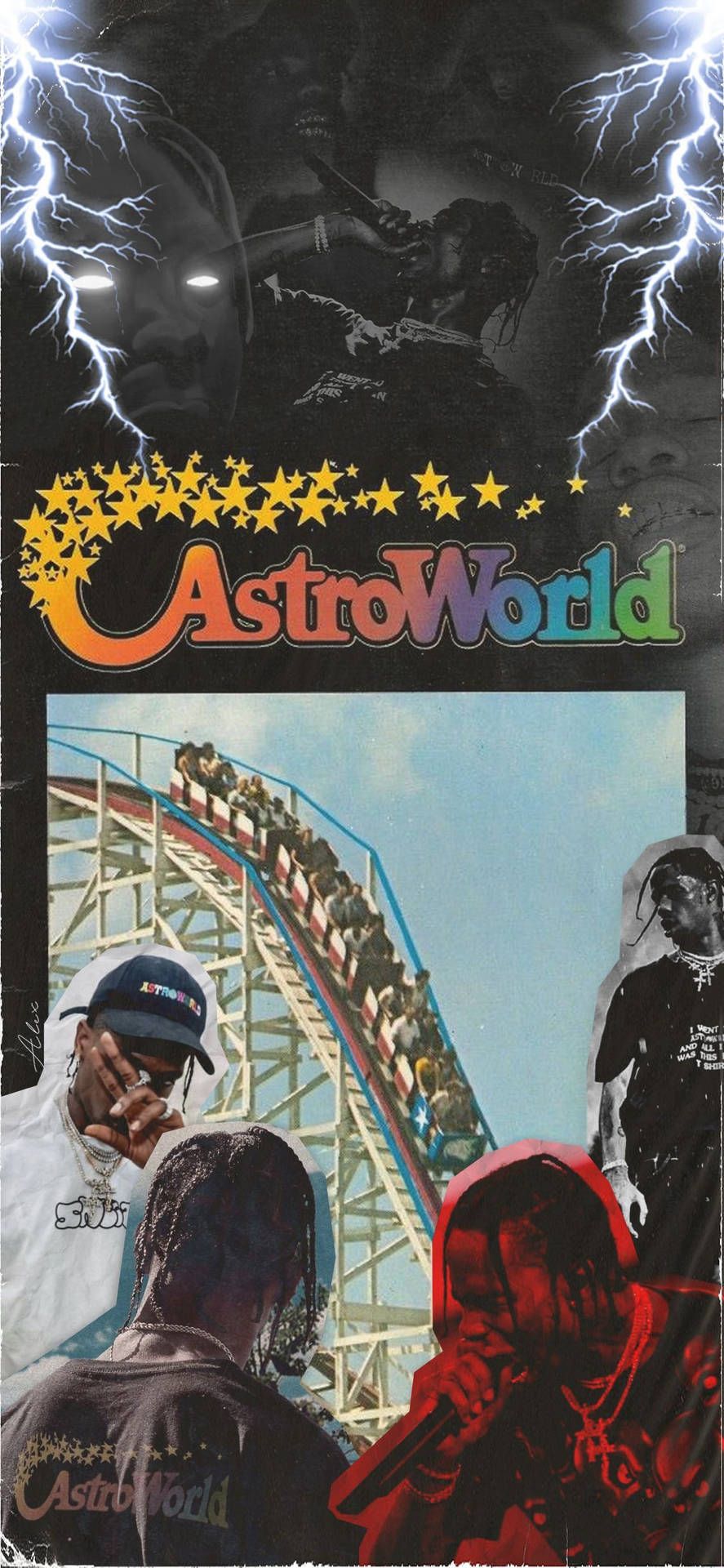 Travis Scott, Astroworld, Achterbahn, Blitze, Collage, HD, Hintergrundbild fürs Handy