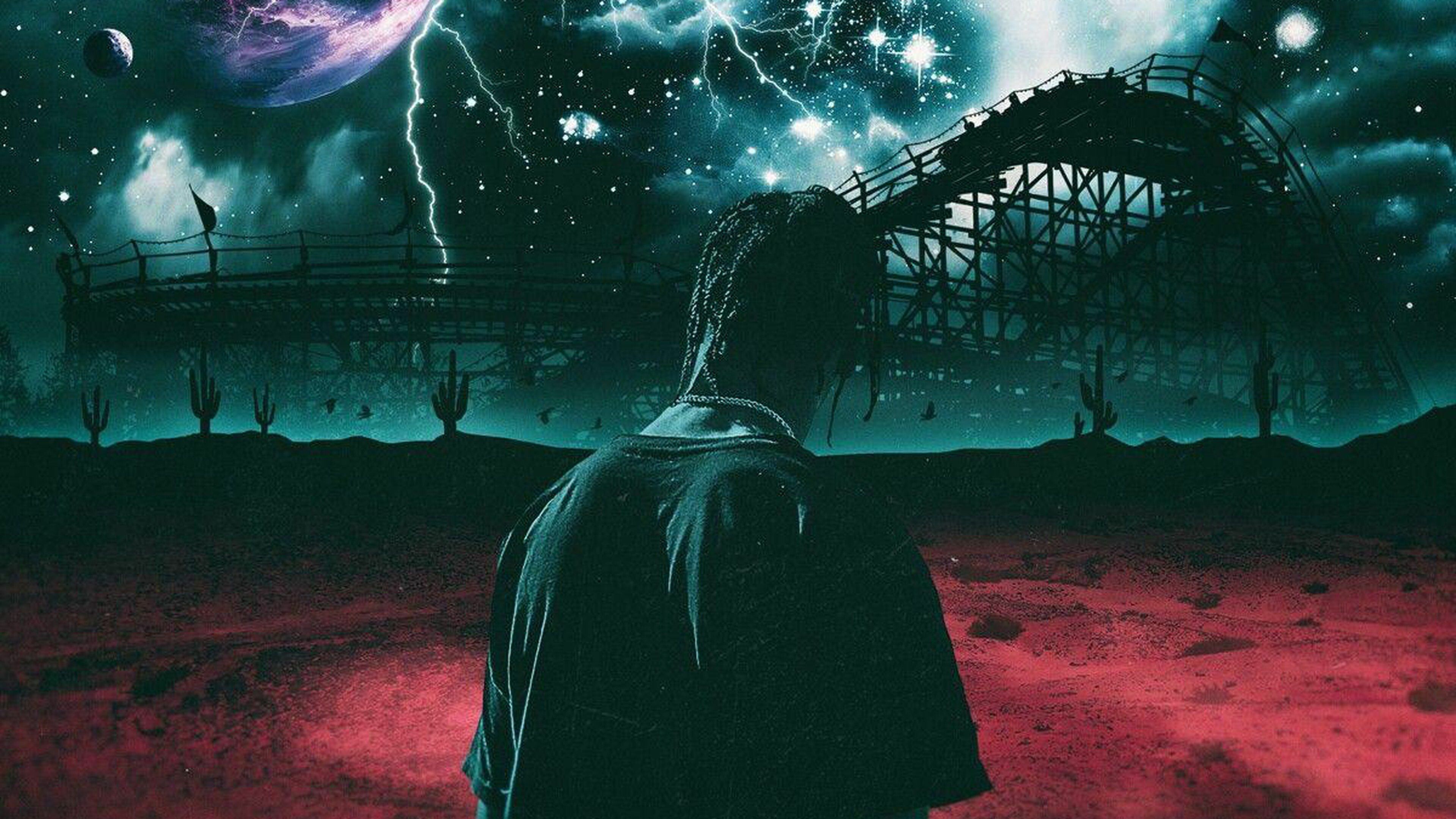 Travis Scott, Astroworld, Achterbahn, Wüste, Gewitter, Kakteen, 3840x2160, Desktop-Hintergrund