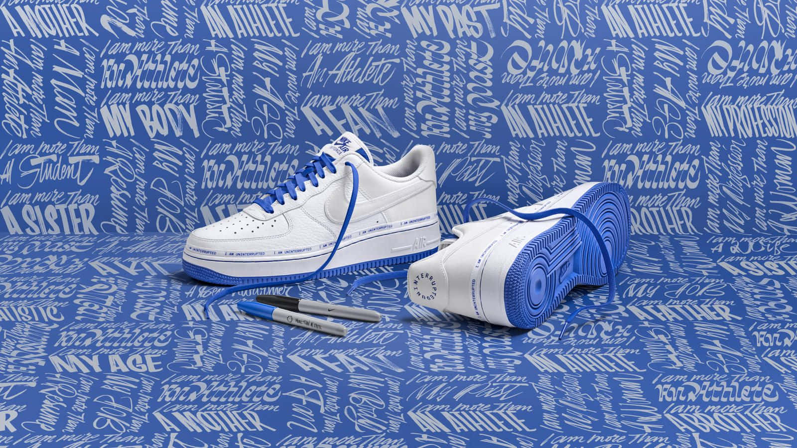 Nike Air Force 1, Blaue Schnürsenkel, Schriftzug, Blau, Weiß, HD, Breitbild-Hintergrundbild
