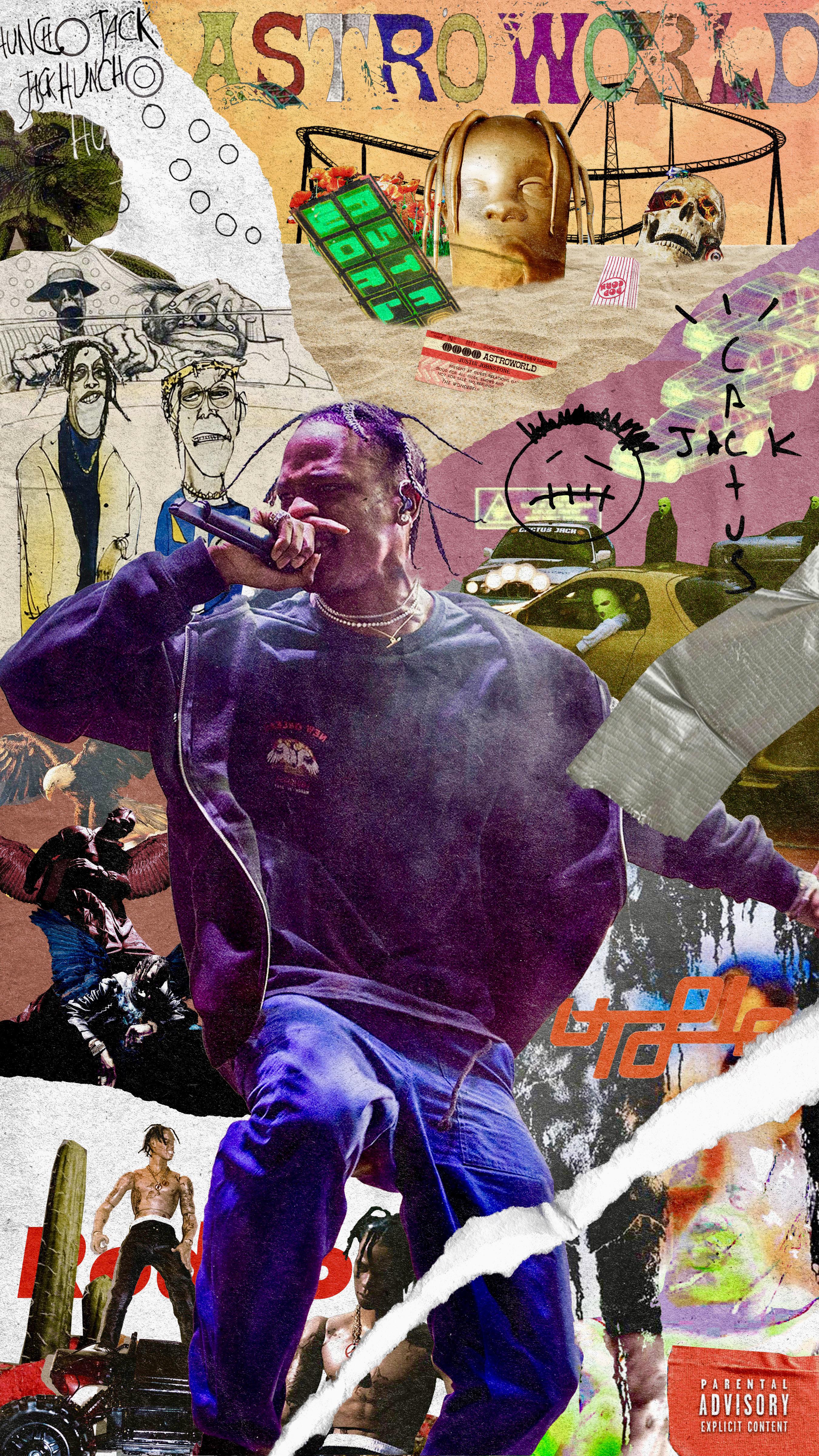 Travis Scott, Astroworld, Collage, Rapper, Bunt, QHD+, Handy-Hintergrund im Hochformat