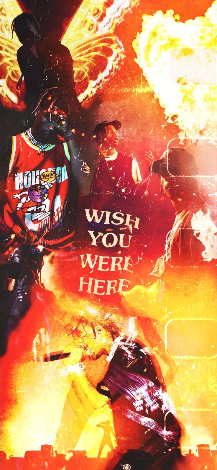 Travis Scott, Wish You Were Here, Feuer, Collage, Hintergrundbild für iPhone und Android