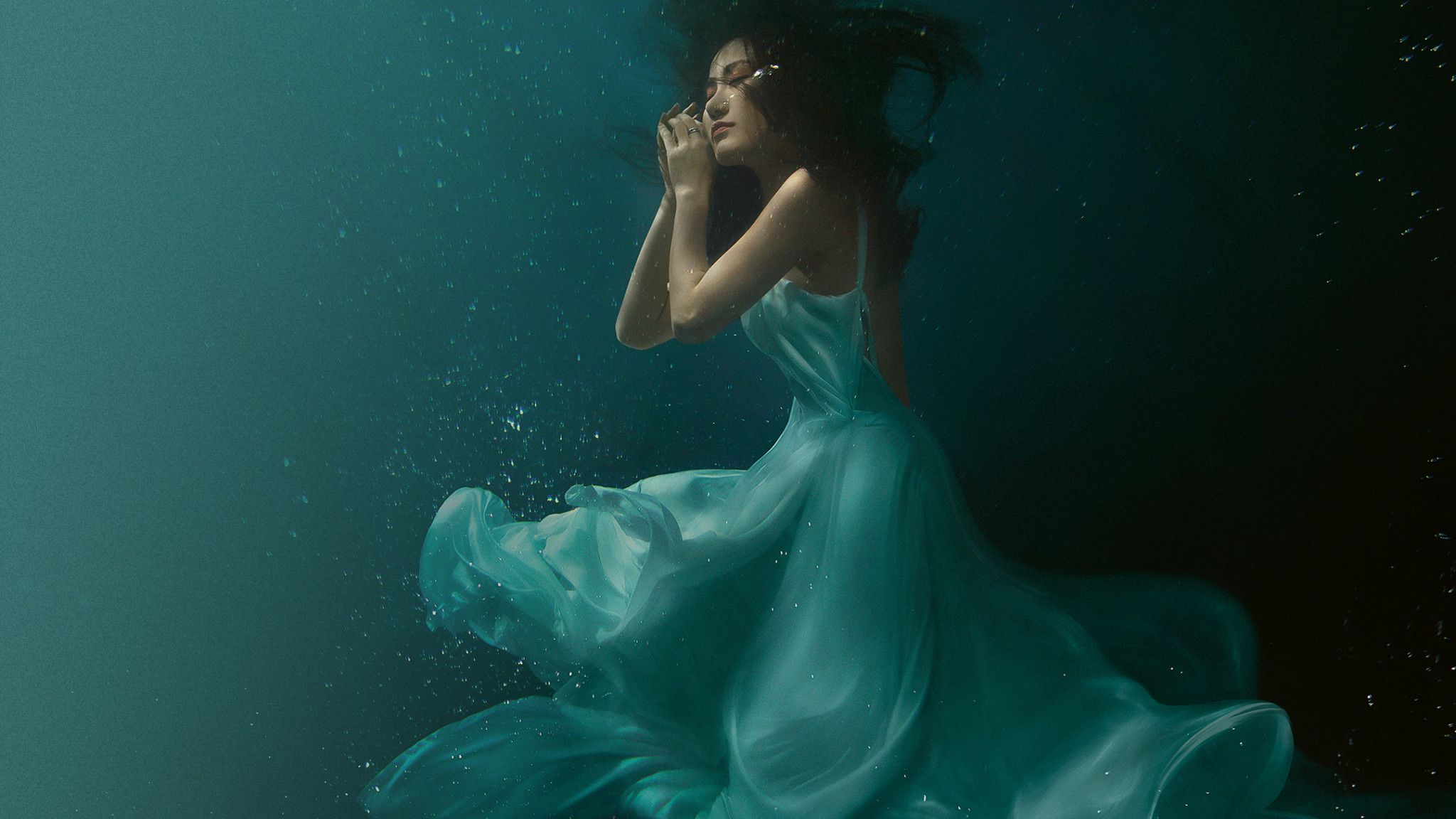 Frau, Unterwasser, Kleid, Türkis, Fantasy, Full HD, Desktop-Hintergrund für Windows
