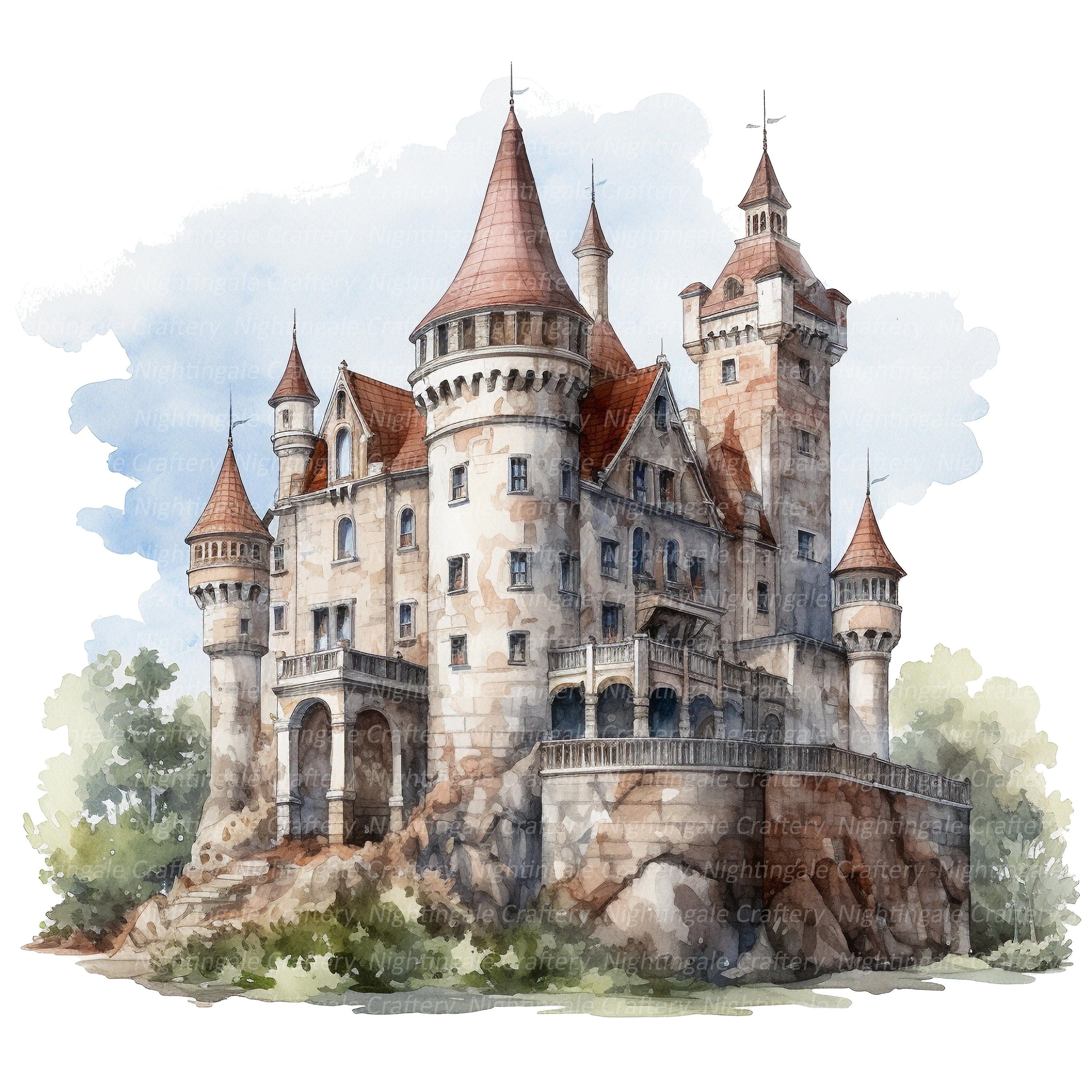 Märchenburg, Aquarell, Illustration, Türme, Weißer Hintergrund, 2K Wallpaper