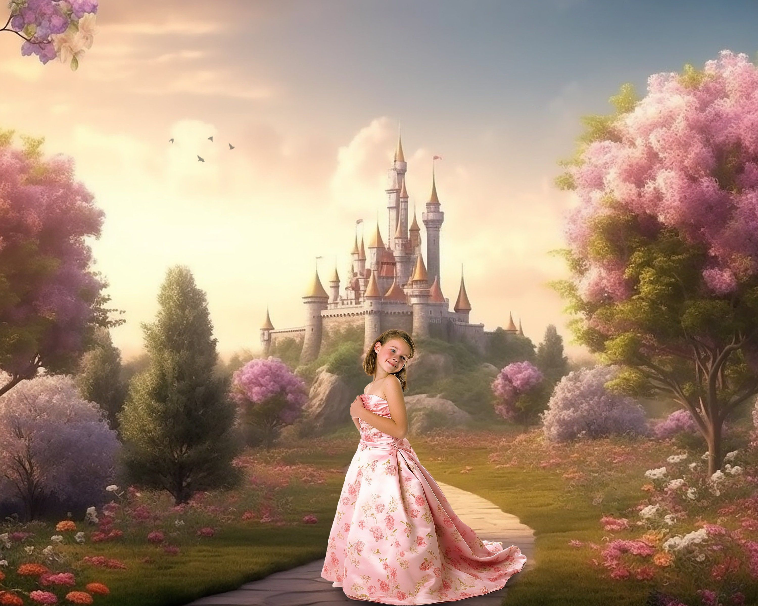 Märchenschloss, Prinzessin, Rosa Kleid, Blühende Bäume, Fantasie, 2K, Laptop-Hintergrundbild