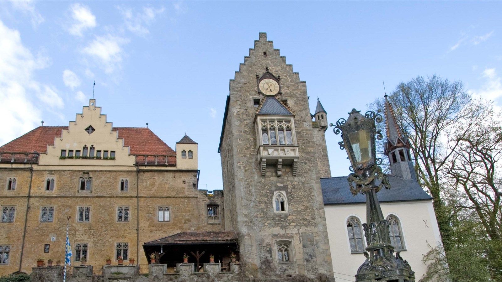 Schloss, Uhrturm, Laterne, Treppengiebel, Blauer Himmel, HD, Desktop-Hintergrund