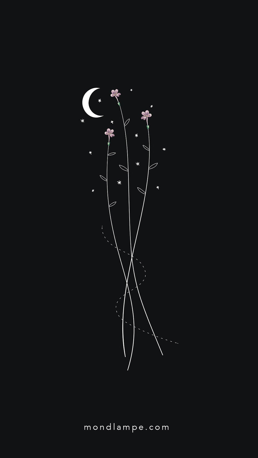 Blumen, Mondsichel, Line Art, Schwarzer Hintergrund, Minimalistisch, Sperrbildschirm fürs iPhone