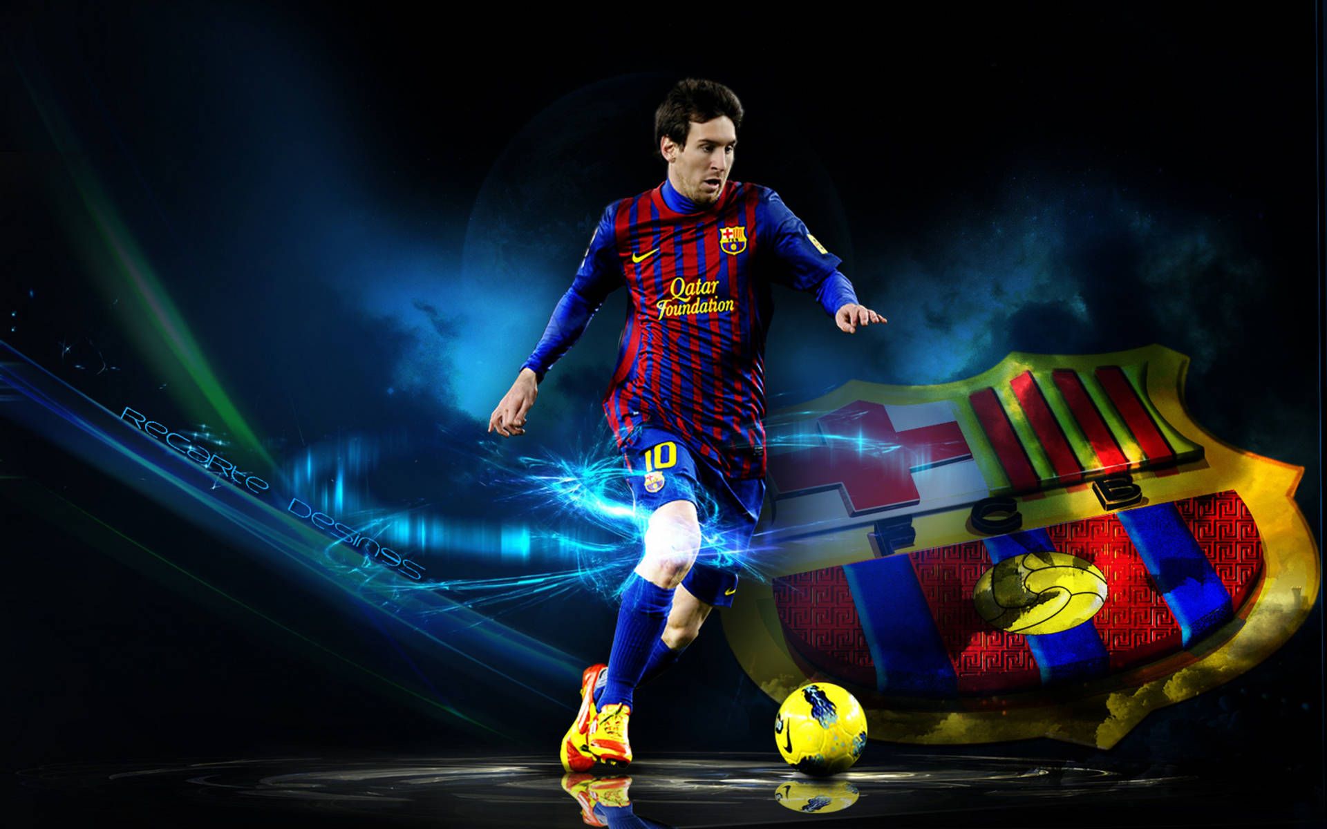 Lionel Messi, FC Barcelona, Vereinswappen, Dribbling, Digital Art, Full HD, MacBook-Hintergrundbild