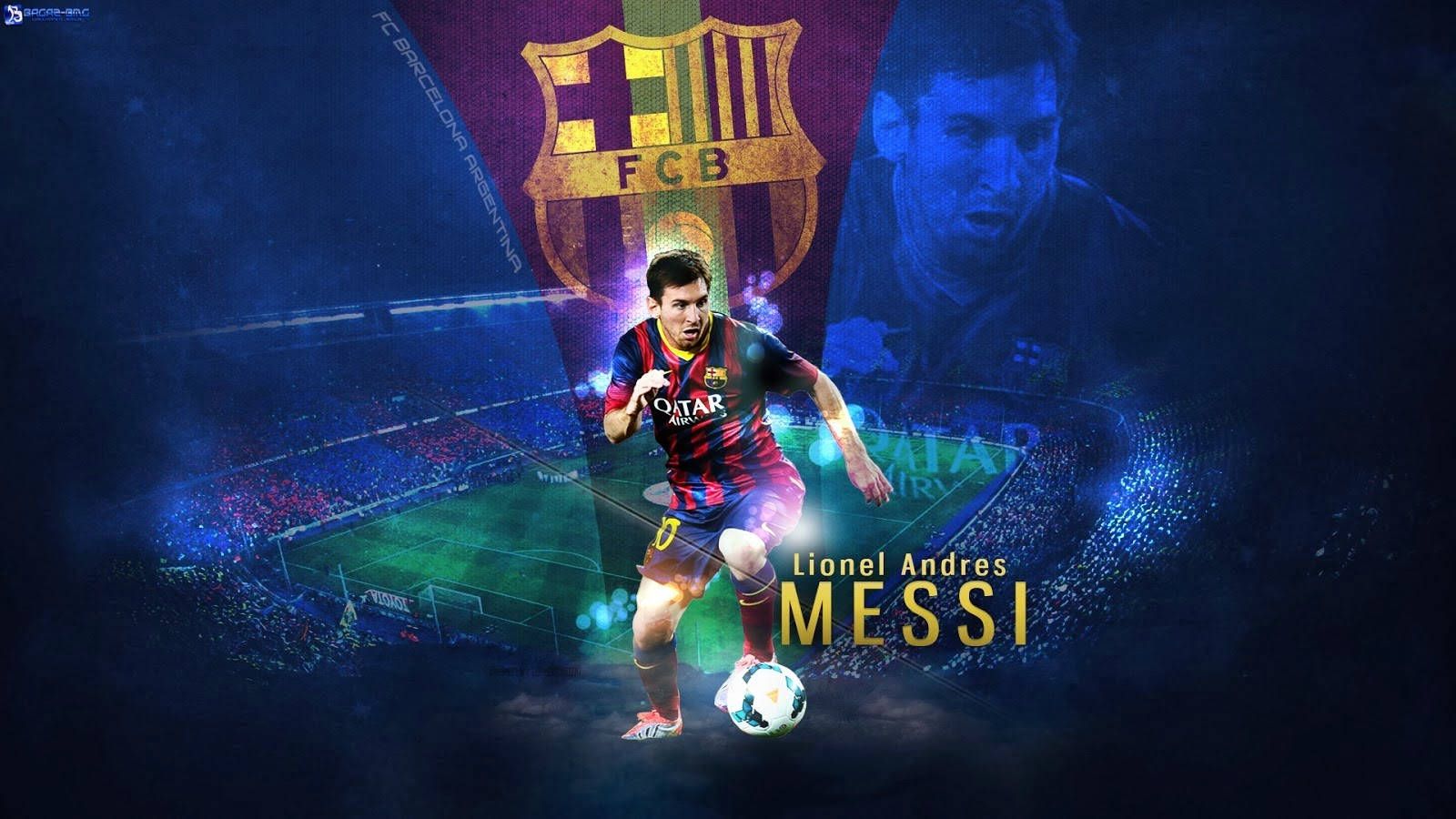 Lionel Messi, FC Barcelona, Vereinswappen, Stadion, Digital Art, HD, Breitbild-Hintergrundbild