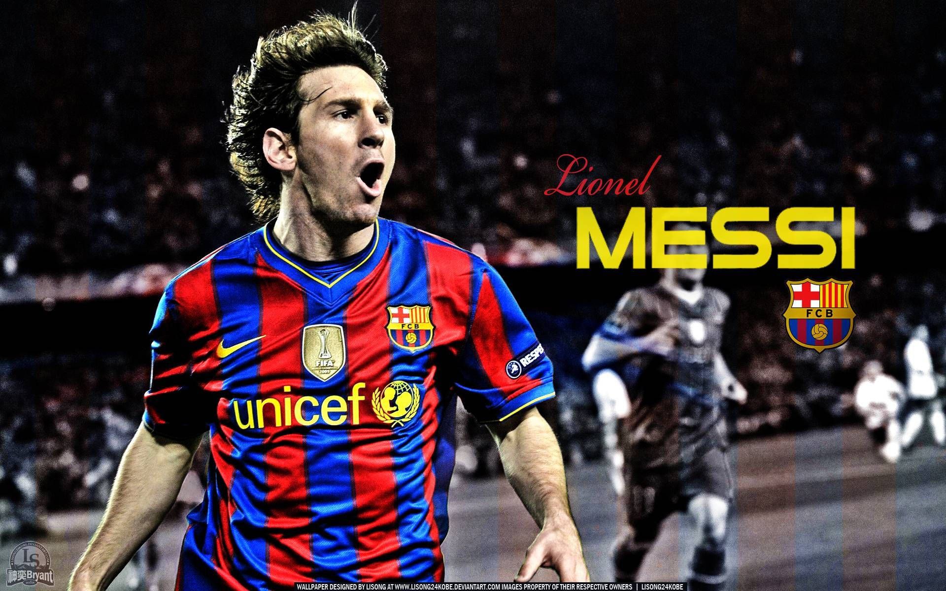 Lionel Messi, FC Barcelona, Jubel, Stadion, Schriftzug, 16:10, Full-HD-Hintergrundbild für den Desktop