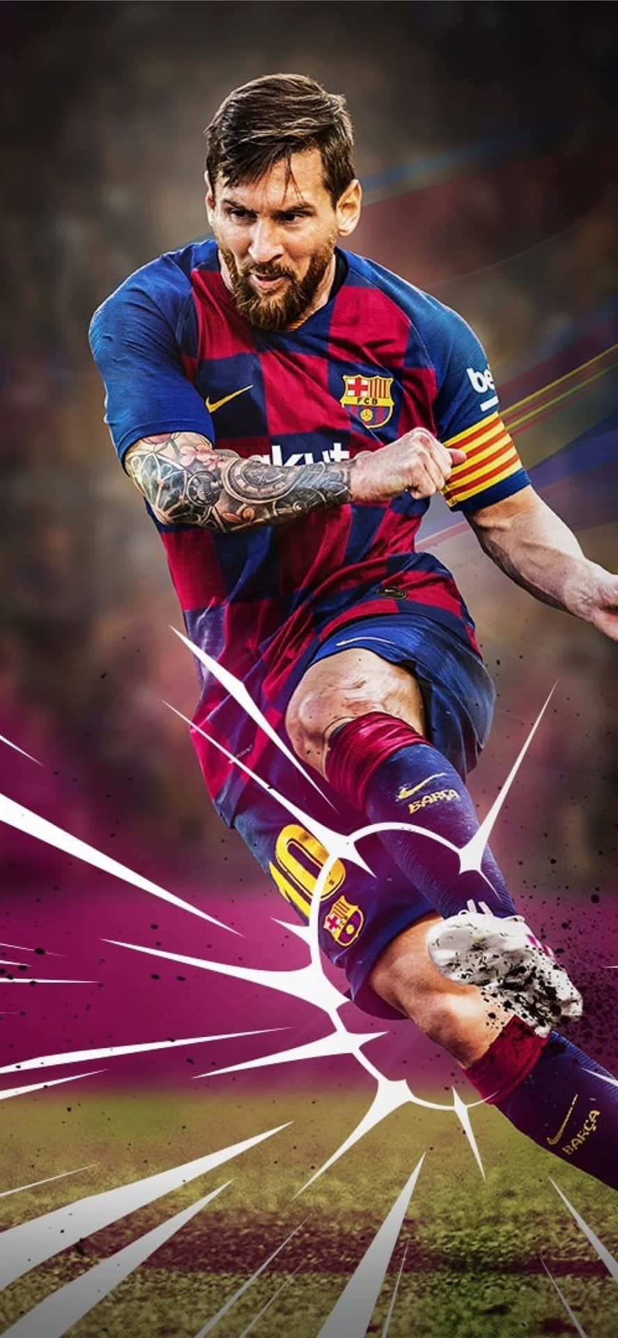 Lionel Messi, FC Barcelona, Kapitänsbinde, Schuss, Digital Art, HD, Handy-Hintergrundbild