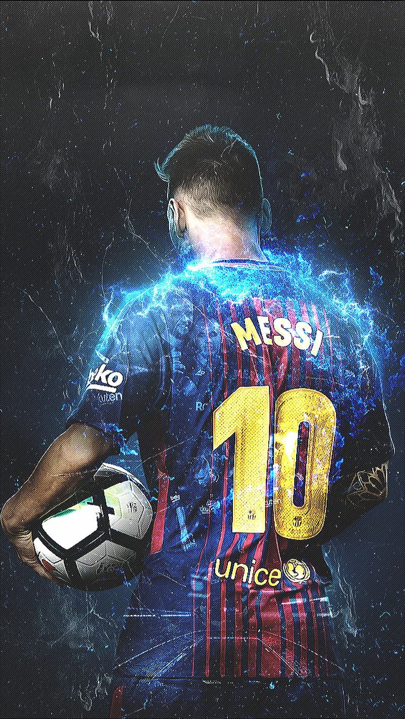 Lionel Messi, FC Barcelona, Rückennummer 10, Blaues Leuchten, Rückansicht, HD, iPhone-Hintergrundbild