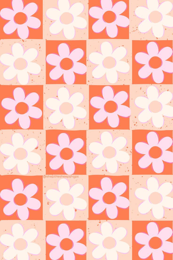 Blumenmuster, Schachbrettmuster, Orange Rosa, Retro, HD, Hintergrundbild fürs Handy