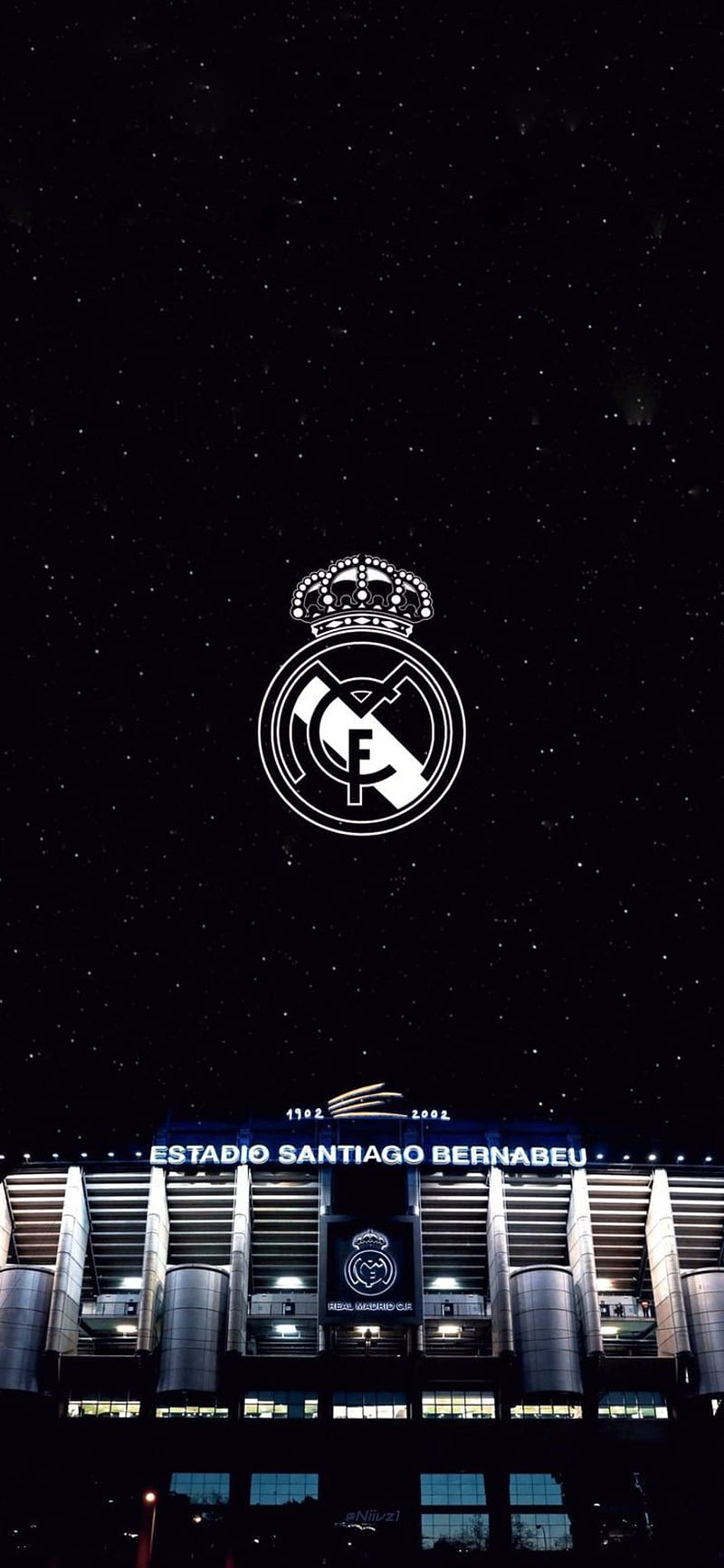 Real Madrid, Wappen, Estadio Santiago Bernabéu, Schwarzer Hintergrund, Nacht, Sperrbildschirm