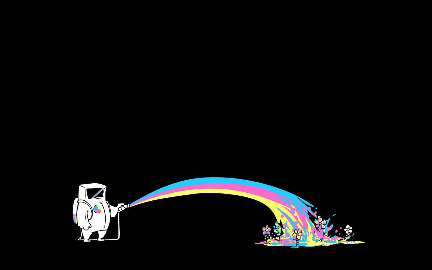 Roboter, Regenbogen, Blumen, Schwarzer Hintergrund, Illustration, HD Wallpaper