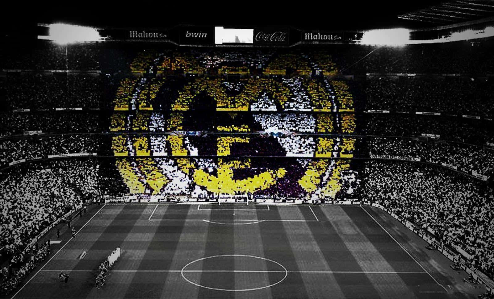 Estadio Santiago Bernabéu, Real Madrid, Fan-Choreografie, Wappen, Schwarz-Weiß, HD-Desktop-Hintergrund