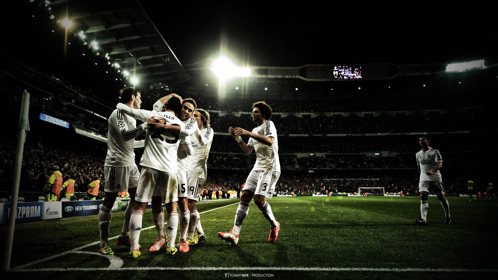 Real Madrid, Torjubel, Mannschaft, Flutlicht, Nacht, 1920x1080, Full-HD-Hintergrundbild für PC