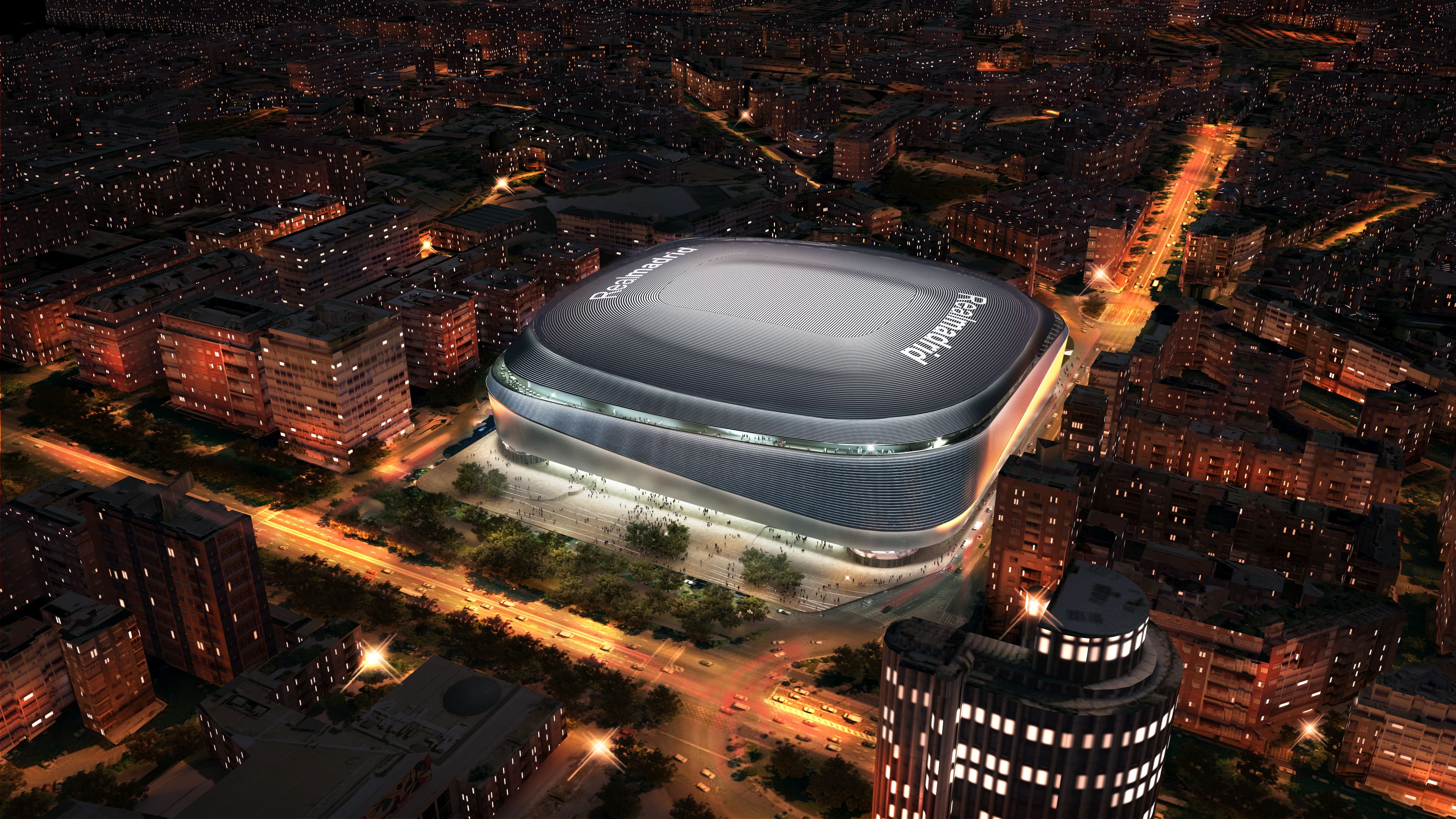 Estadio Santiago Bernabéu, Neues Bernabéu, Madrid, Nacht, Luftaufnahme, 4K, PC-Hintergrundbild