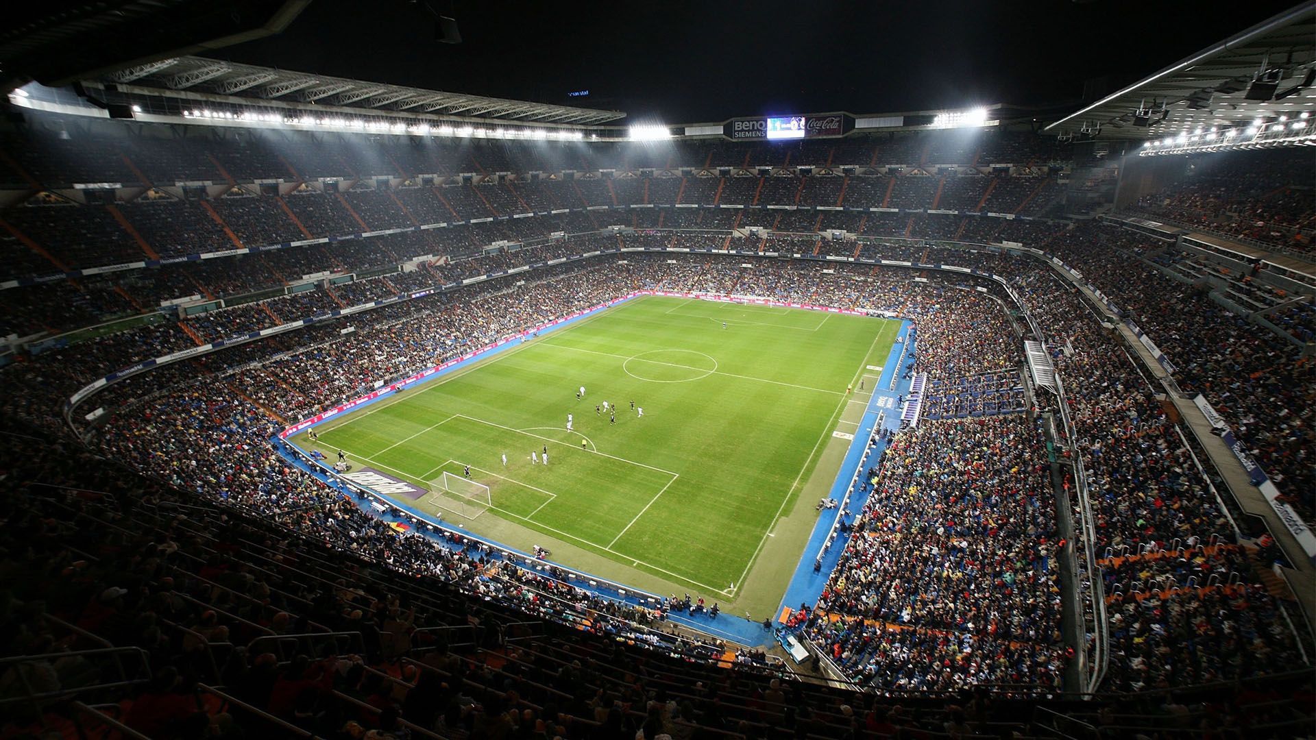 Estadio Santiago Bernabéu, Real Madrid, Volles Stadion, Flutlicht, Fußballspiel, Full-HD-Hintergrund