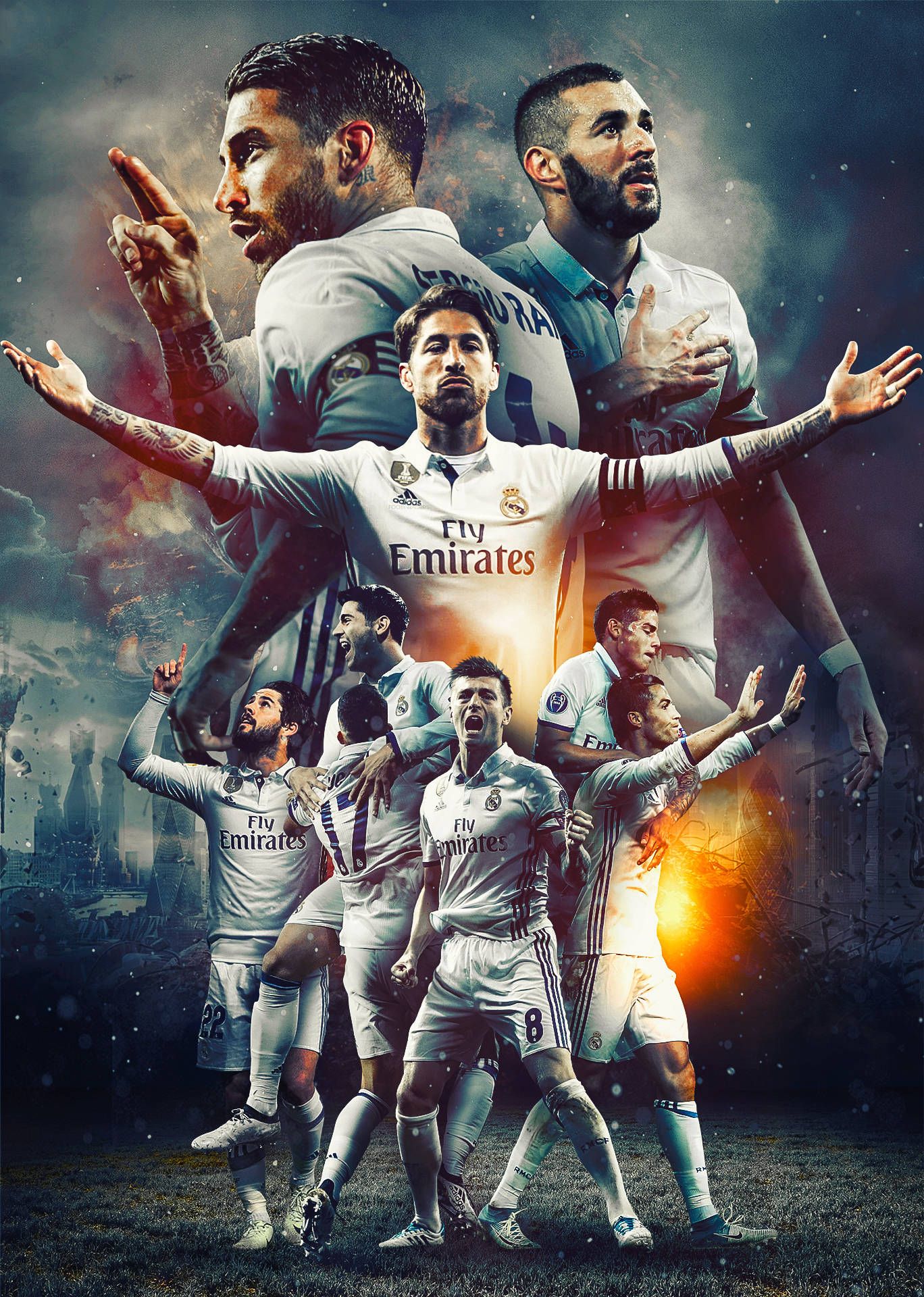 Real Madrid, Mannschaftsposter, Sergio Ramos, Karim Benzema, Collage, Full HD, Tablet-Hintergrund