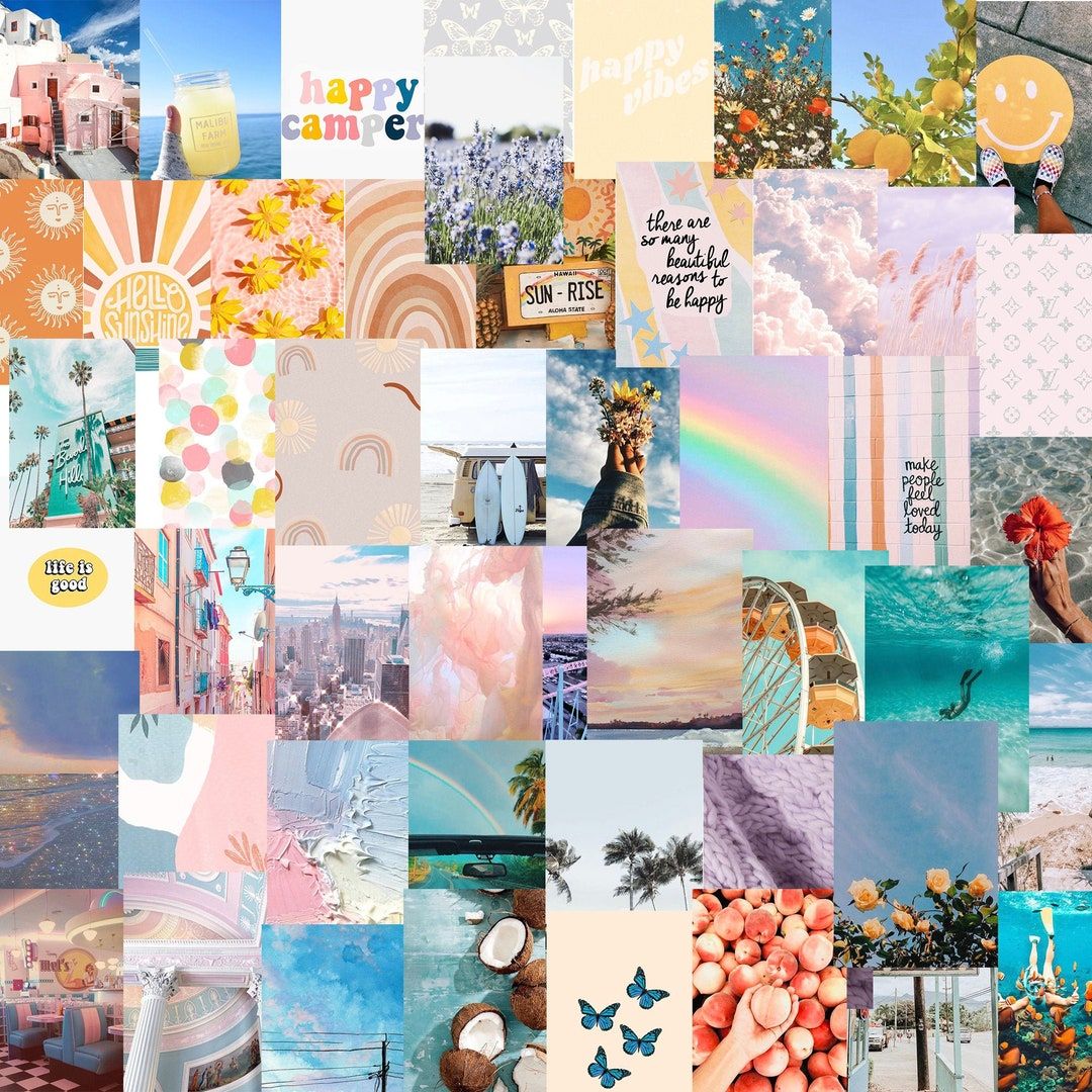Fotocollage, Ästhetik, Pastell, Strand, Regenbogen, Hintergrundbild für iPad und Tablet