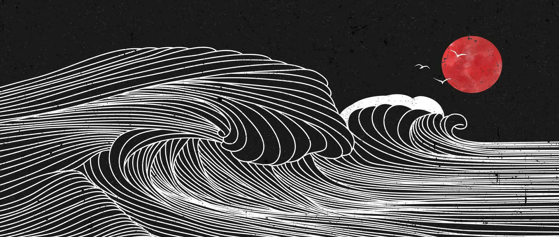 Welle, Japanische Kunst, Rote Sonne, Schwarz-Weiß, Linienkunst, Vögel, Full HD, Windows-Hintergrundbild