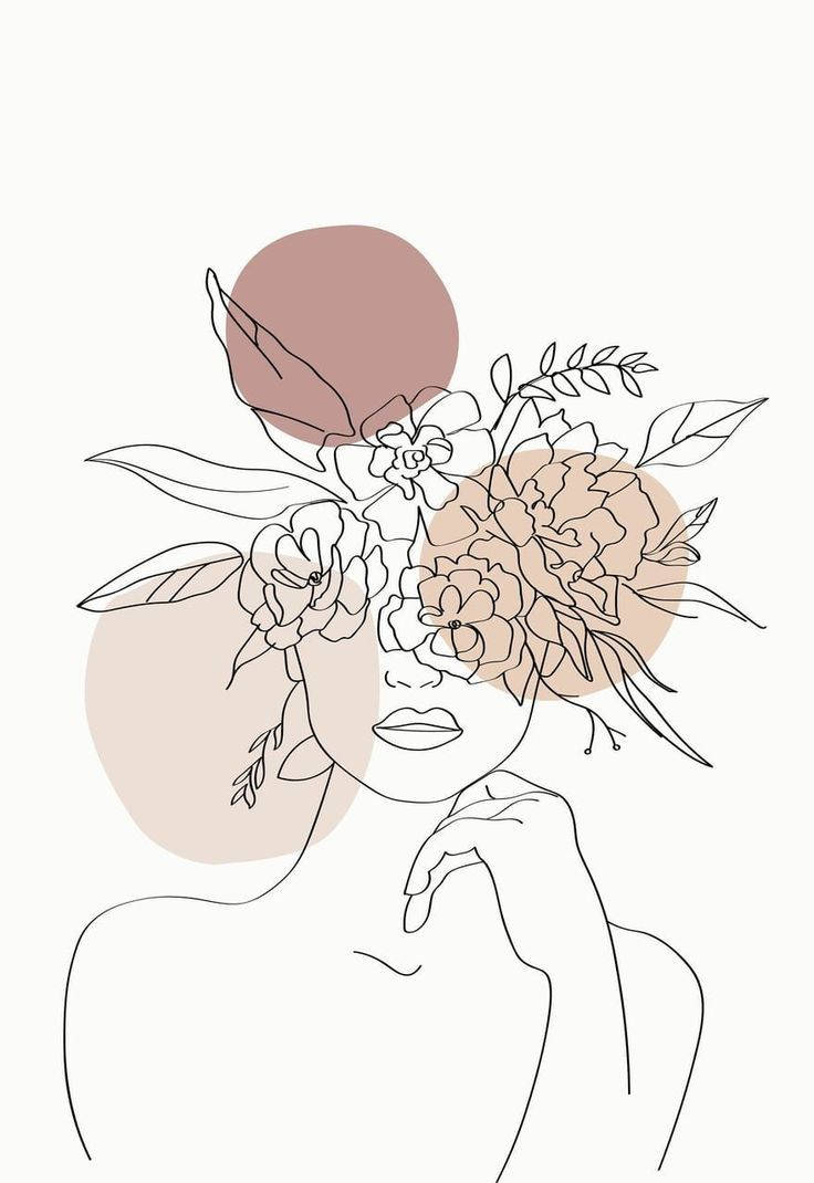 Linienkunst, Frauengesicht, Blumen, Boho, Minimalistisch, Hintergrundbild fürs iPad