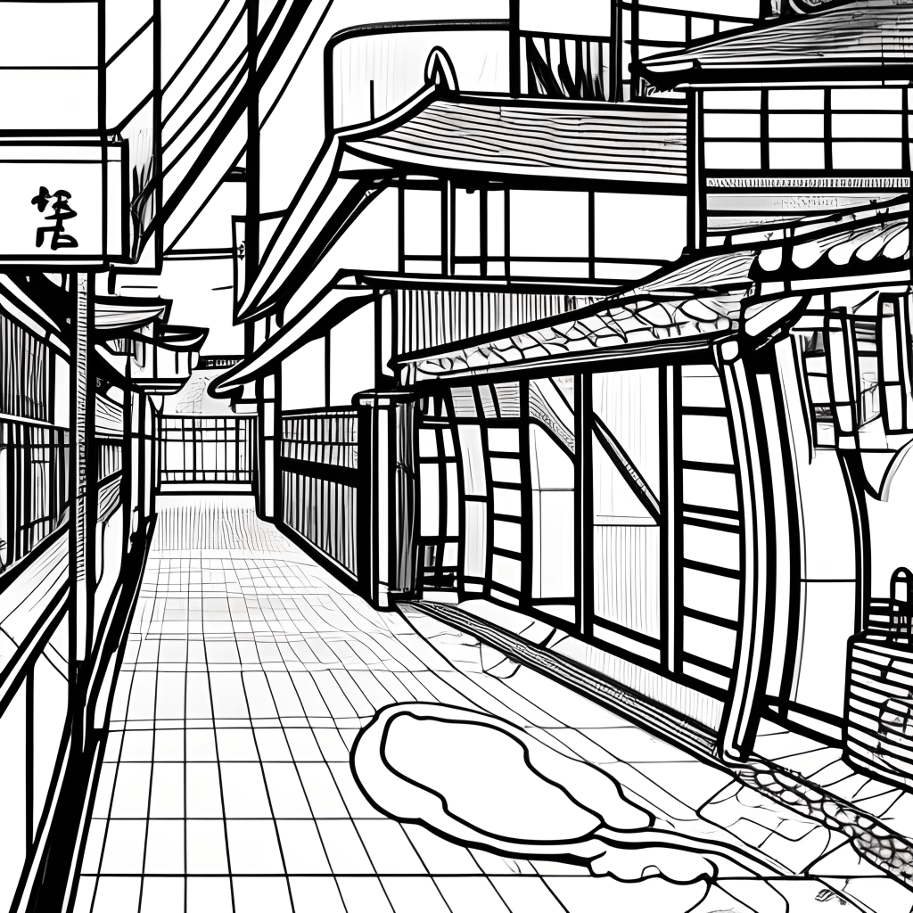 Japanische Gasse, Lineart, Schwarz-Weiß, Häuser, Illustration, Hintergrundbild fürs iPad