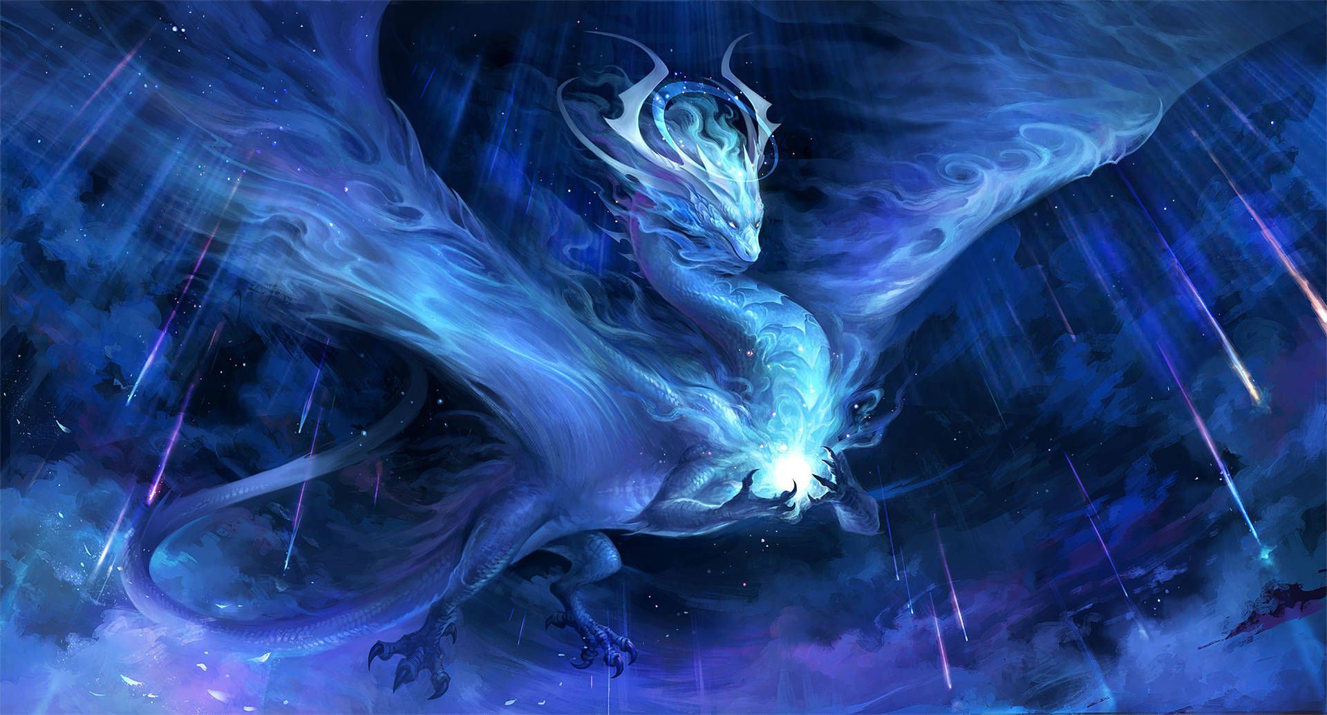 Blauer Drache, Flügel, Lichtstrahlen, Magie, Fantasy, Full HD, Desktop-Hintergrund für Windows