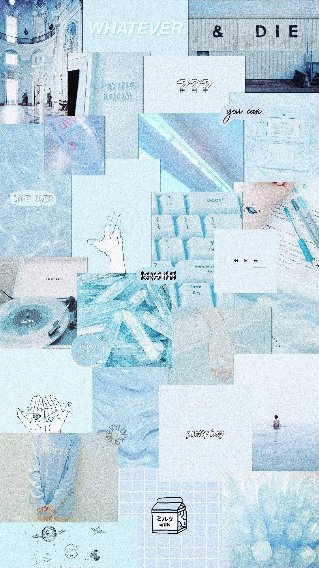 Collage, Pastellblau, Babyblau, Sprüche, Hochformat, Full HD, Sperrbildschirm fürs iPhone