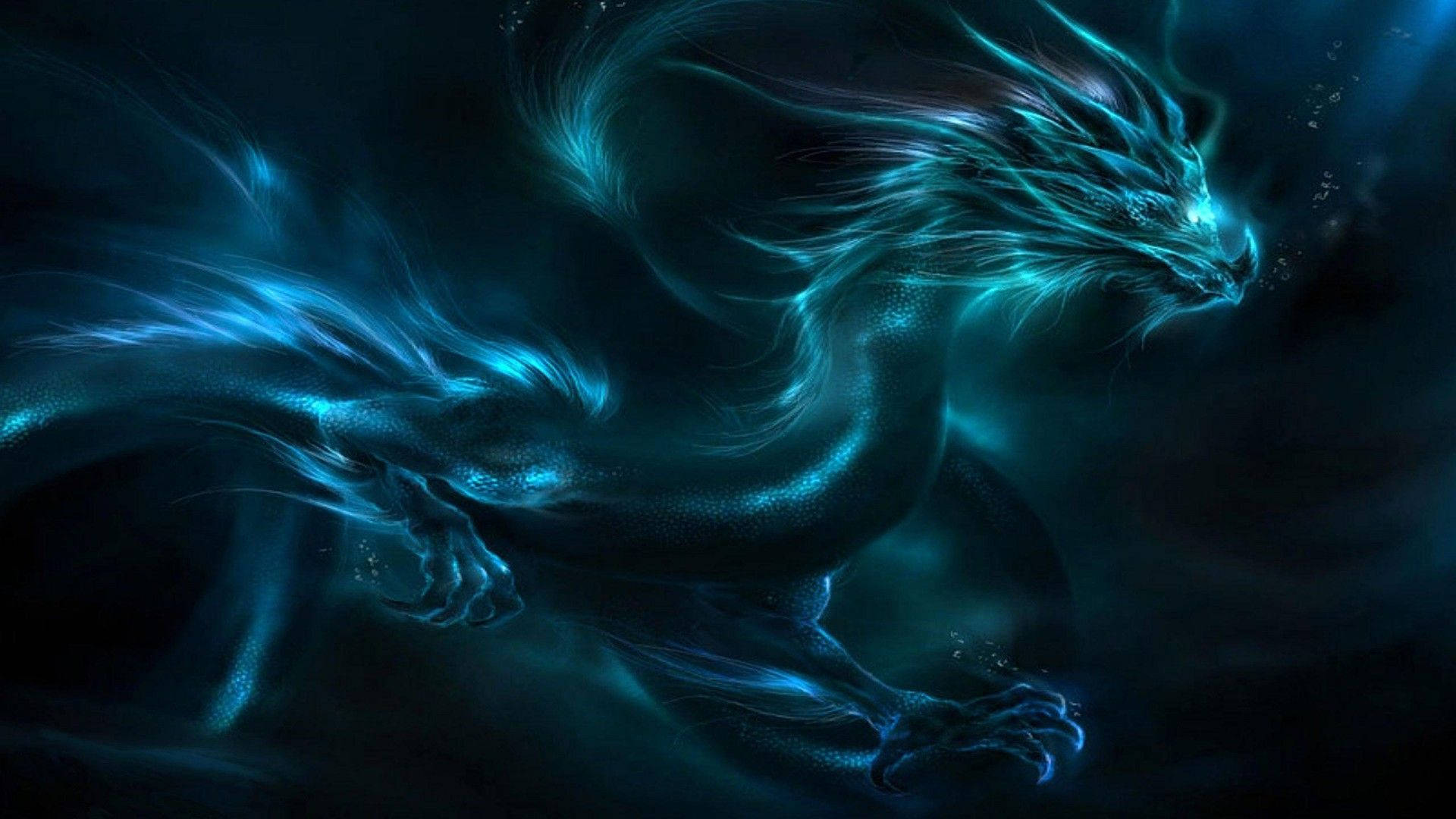 Drache, Türkis, Leuchtend, Dunkler Hintergrund, Digital Art, Full HD Wallpaper