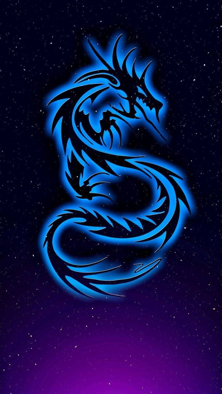 Drache, Neonlinien, Tribal, Blau, Sternenhimmel, Hochformat, Hintergrundbild fürs Smartphone