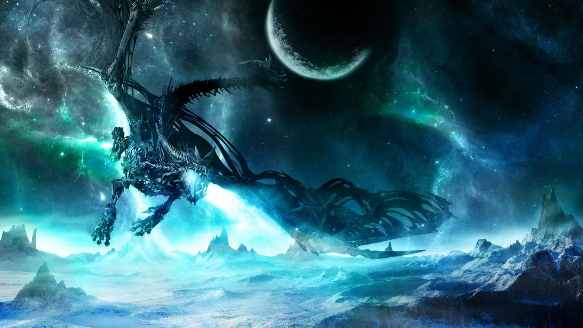 Drache, Polarlicht, Mondsichel, Eislandschaft, Türkis, 1920x1080, Full-HD-Hintergrundbild für PC