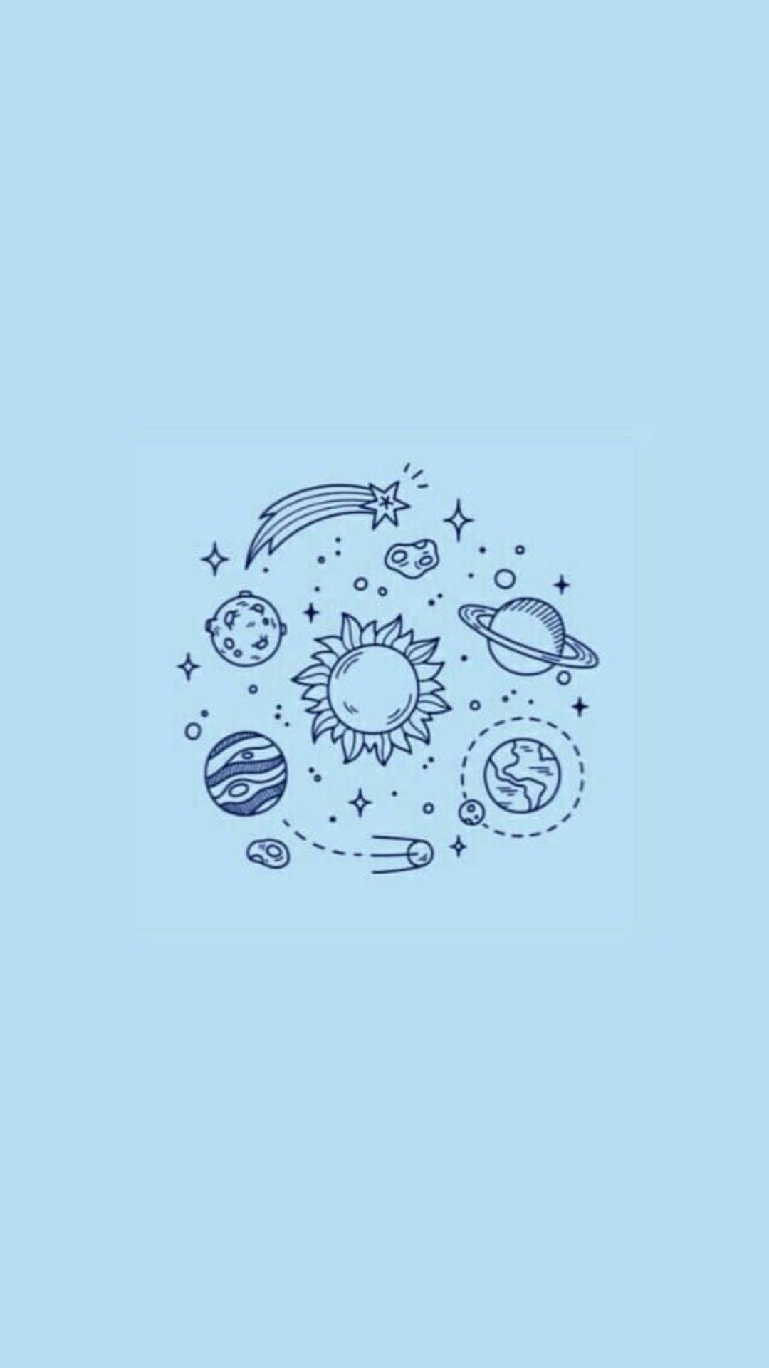 Planeten, Weltraum-Doodle, Line Art, Babyblau, Minimalistisch, Full HD, Handy-Hintergrund